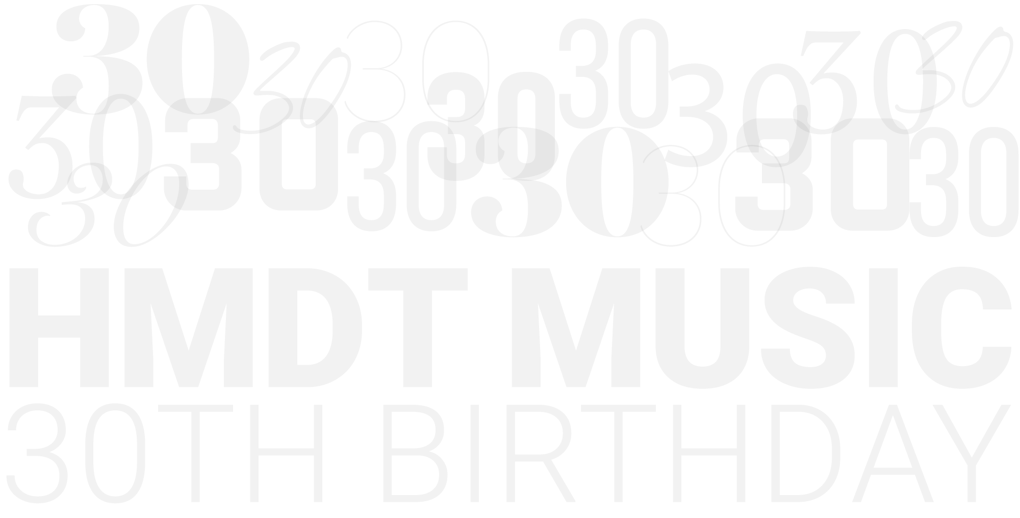 Number 30 repeated multiple times with varying fonts and sizes; words 'HMDT MUSIC' in large font; text '30TH BIRTHDAY' at the bottom.