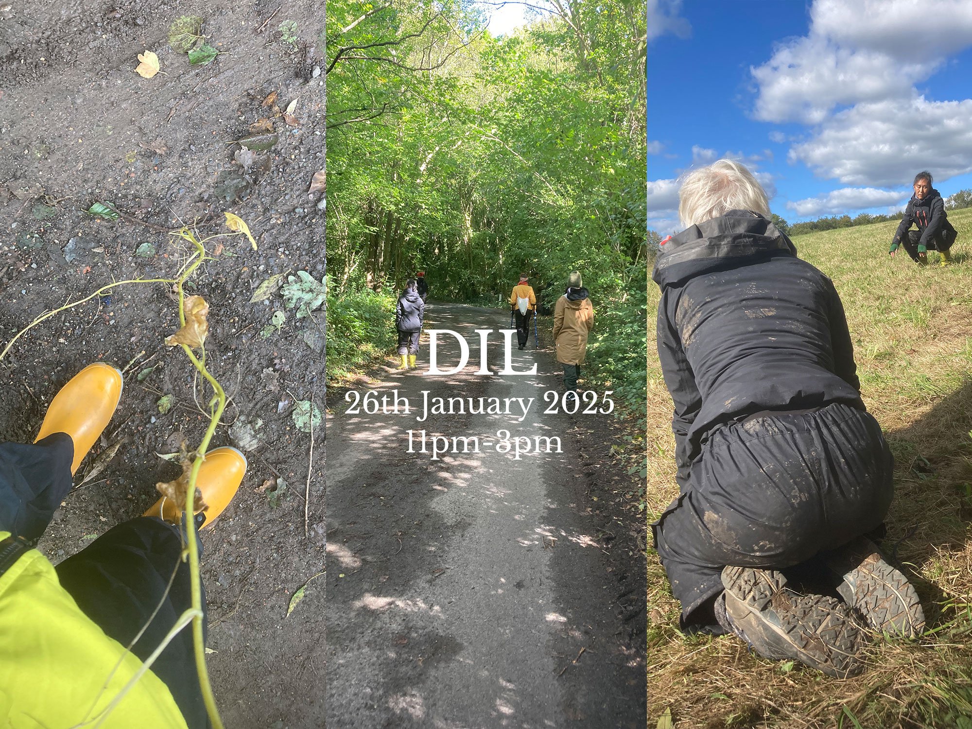 A collage of three outdoor scenes: on the left, someone wearing yellow boots and black pants walking on dirt with a vine and fallen leaves; in the center, three people walking on a shaded forest path with sunlight filtering through trees, text overlay reading 'DIL 26th January 2025 11pm-3pm'; on the right, aperson in black outdoor gear kneeling on grassy terrain