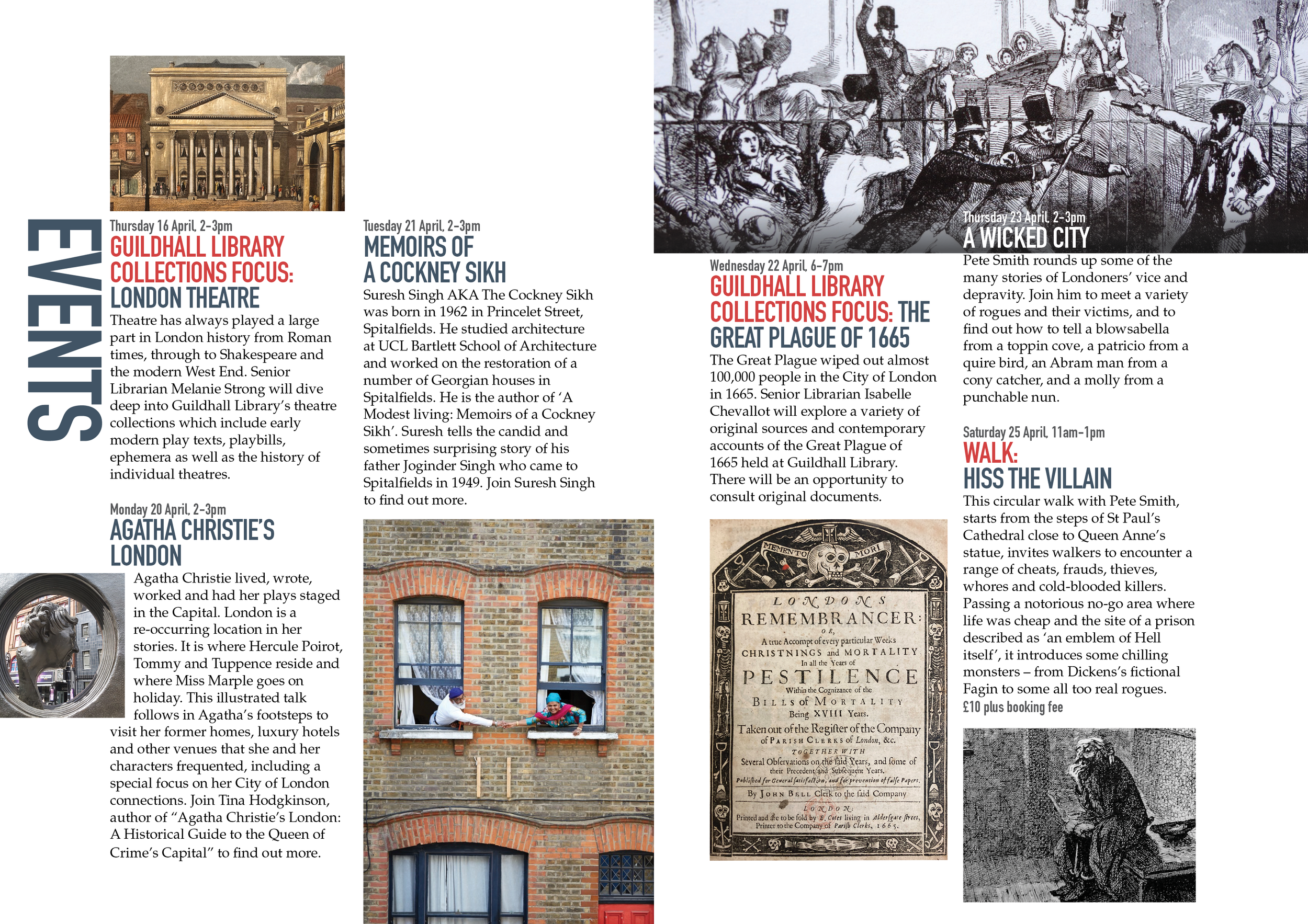 A collage of four images and text panels about the Guildhall Library's history and events. The first panel discusses London's theatre history, the second features a brick building with windows and children looking out, the third shows the historic 1665 Great Plague of London, and the fourth lists a walk tour called 'Hiss the Villain' near St. Paul's Cathedral.