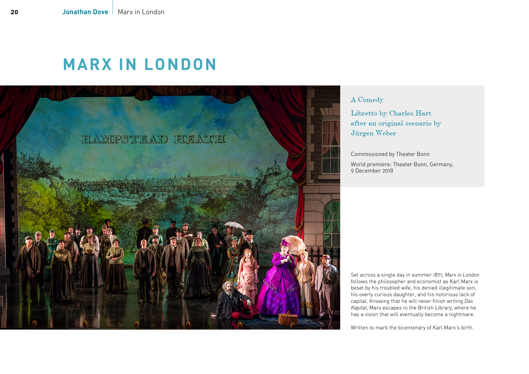 Stage scene from the play "Marx in London" showing actors in period costumes, with a backdrop depicting a landscape and the text "Hampstead Heath," and red curtains on each side of the stage.