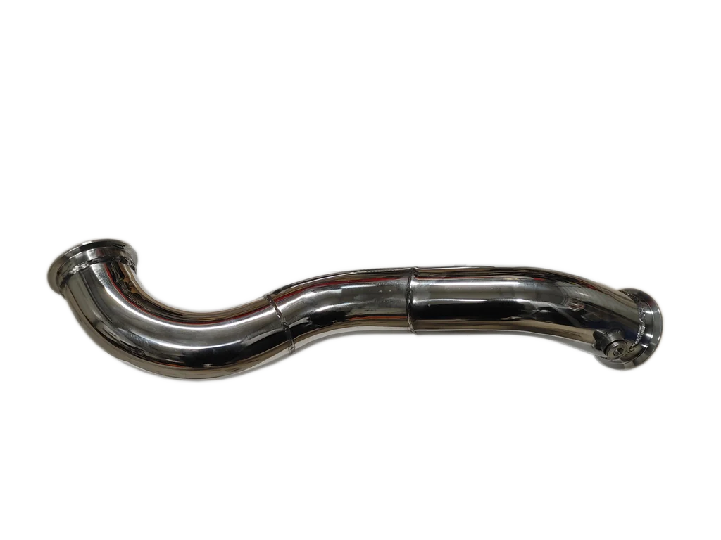 Shiny metal automotive exhaust pipe with curved sections and mounting flange.