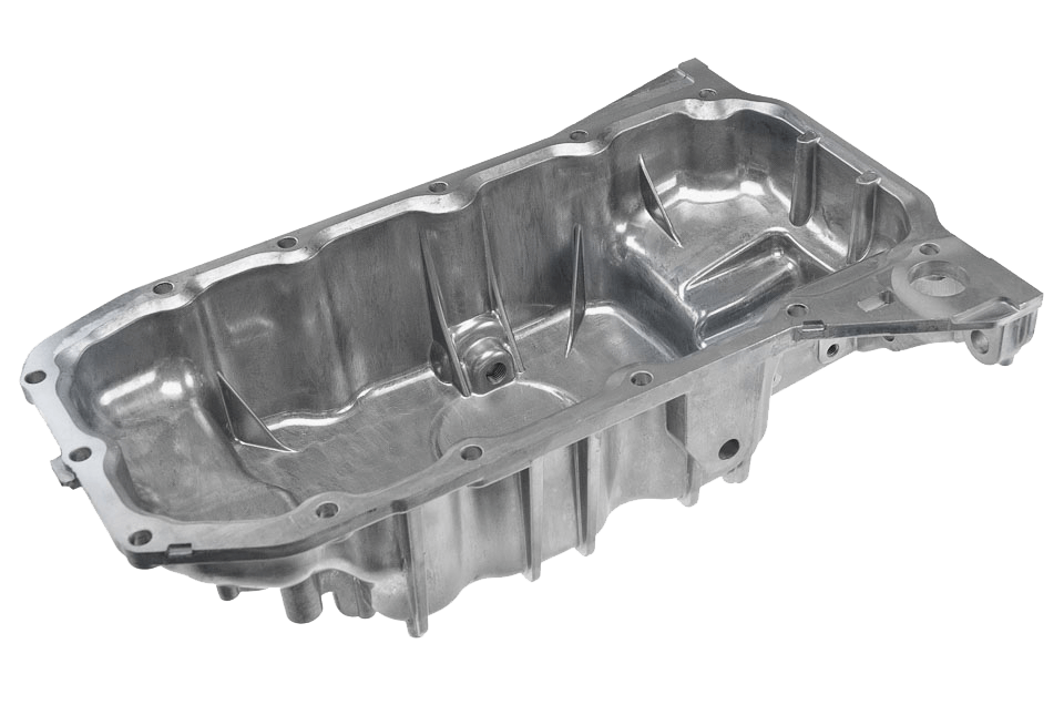 Metal engine oil pan with multiple bolt holes and internal reinforcement ribs.