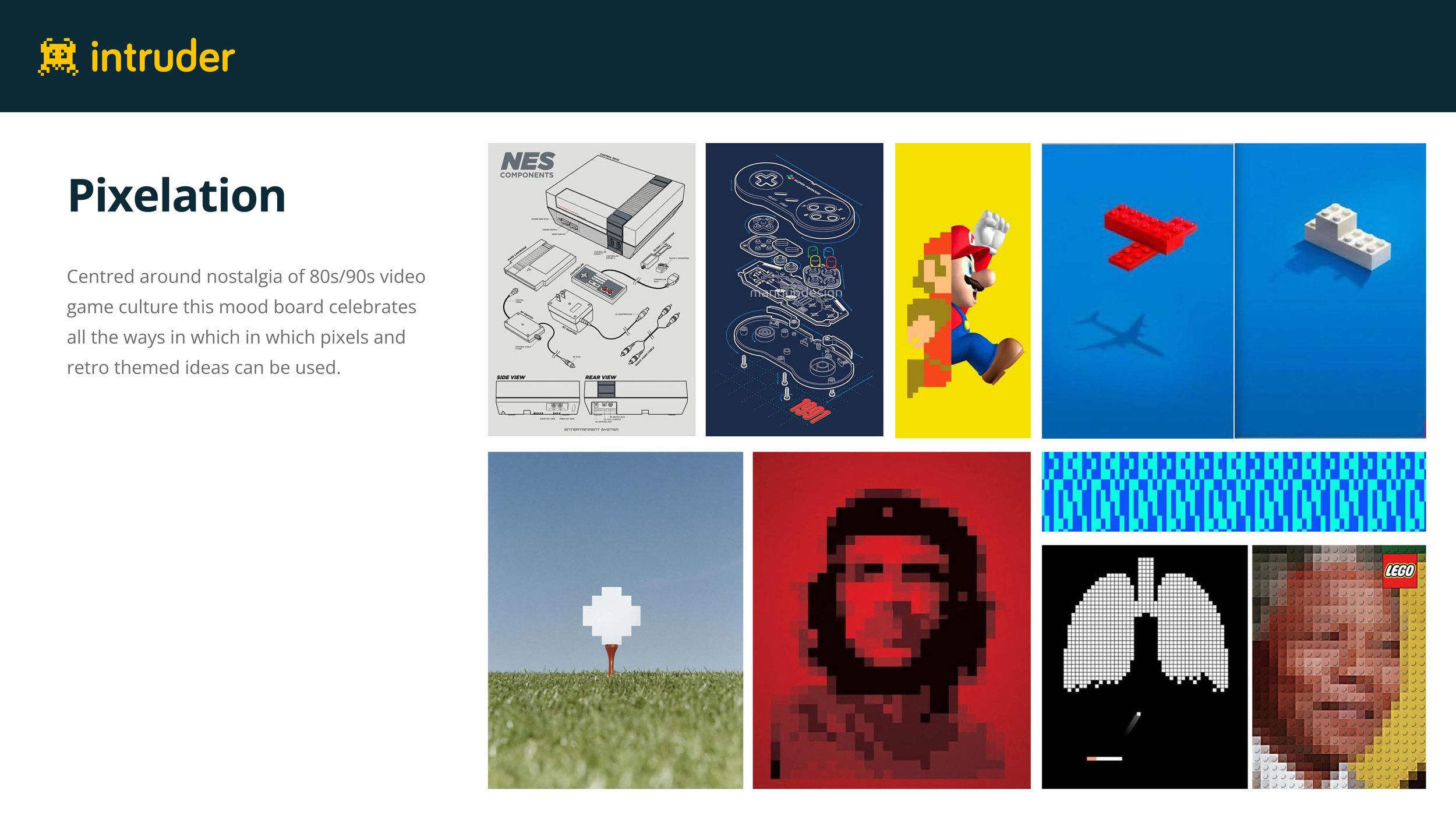 Collage of images related to pixelation and retro video game culture, including a NES console diagram, a game controller, a pixelated Mario, LEGO bricks, pixel art of a face, artwork of lungs, and a pixelated portrait of a person.