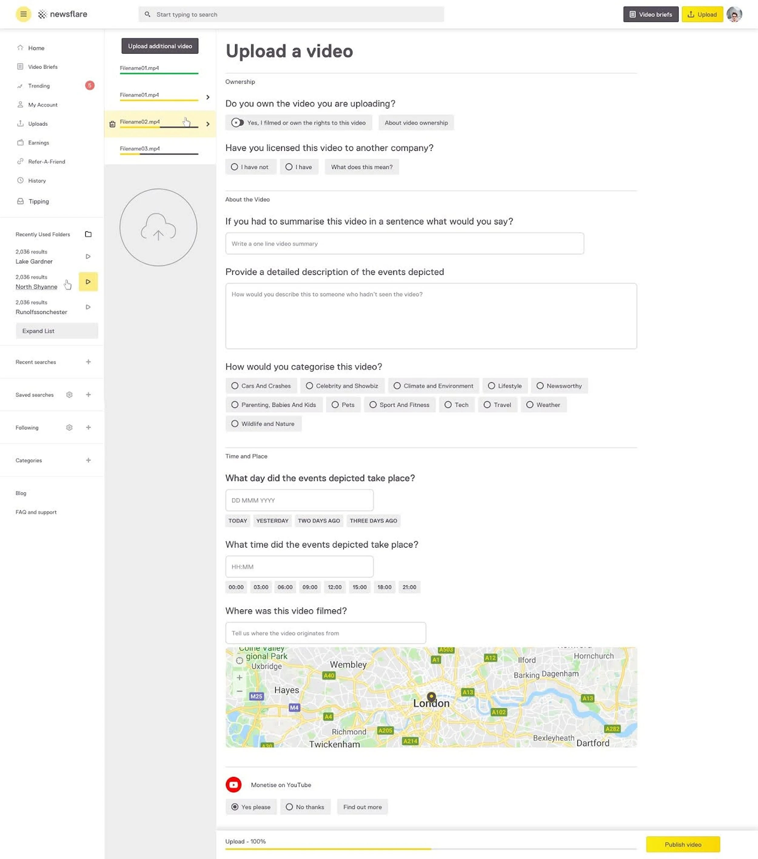 Screenshot of a video upload webpage with a list of video files, a map of London, and options for video details, categorization, and publishing.