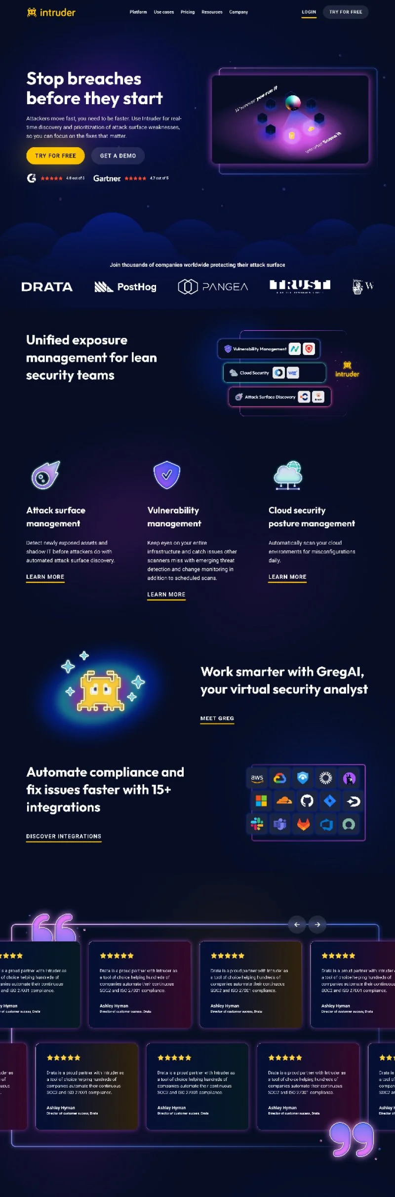 Screenshot of Intruder cybersecurity platform homepage, featuring a dark blue space-themed background, platform features, client logos, and customer reviews.