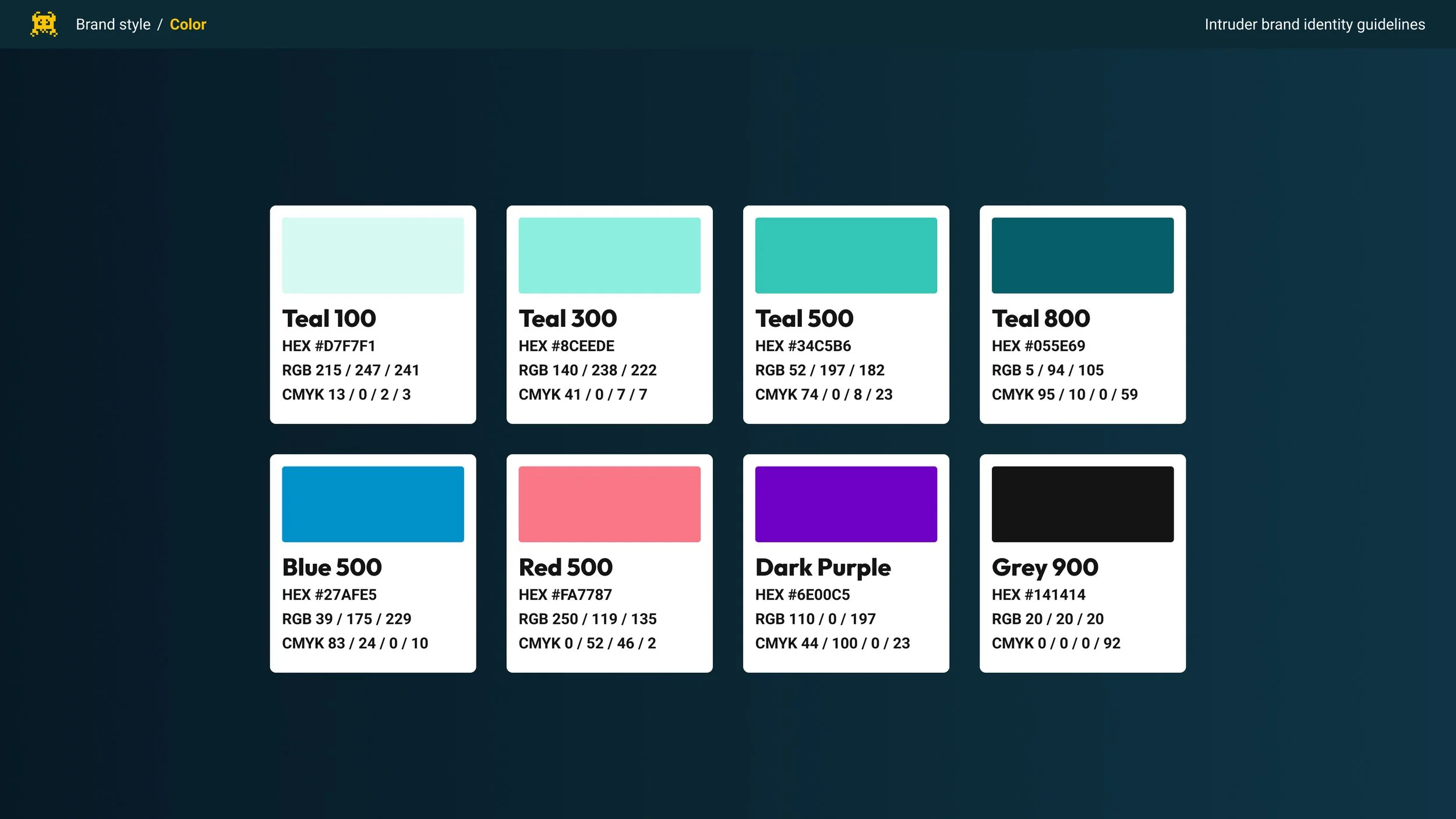 A color palette featuring shades of teal, blue, red, purple, gray, and black, each labeled with its name, hex code, RGB values, and CMYK values.