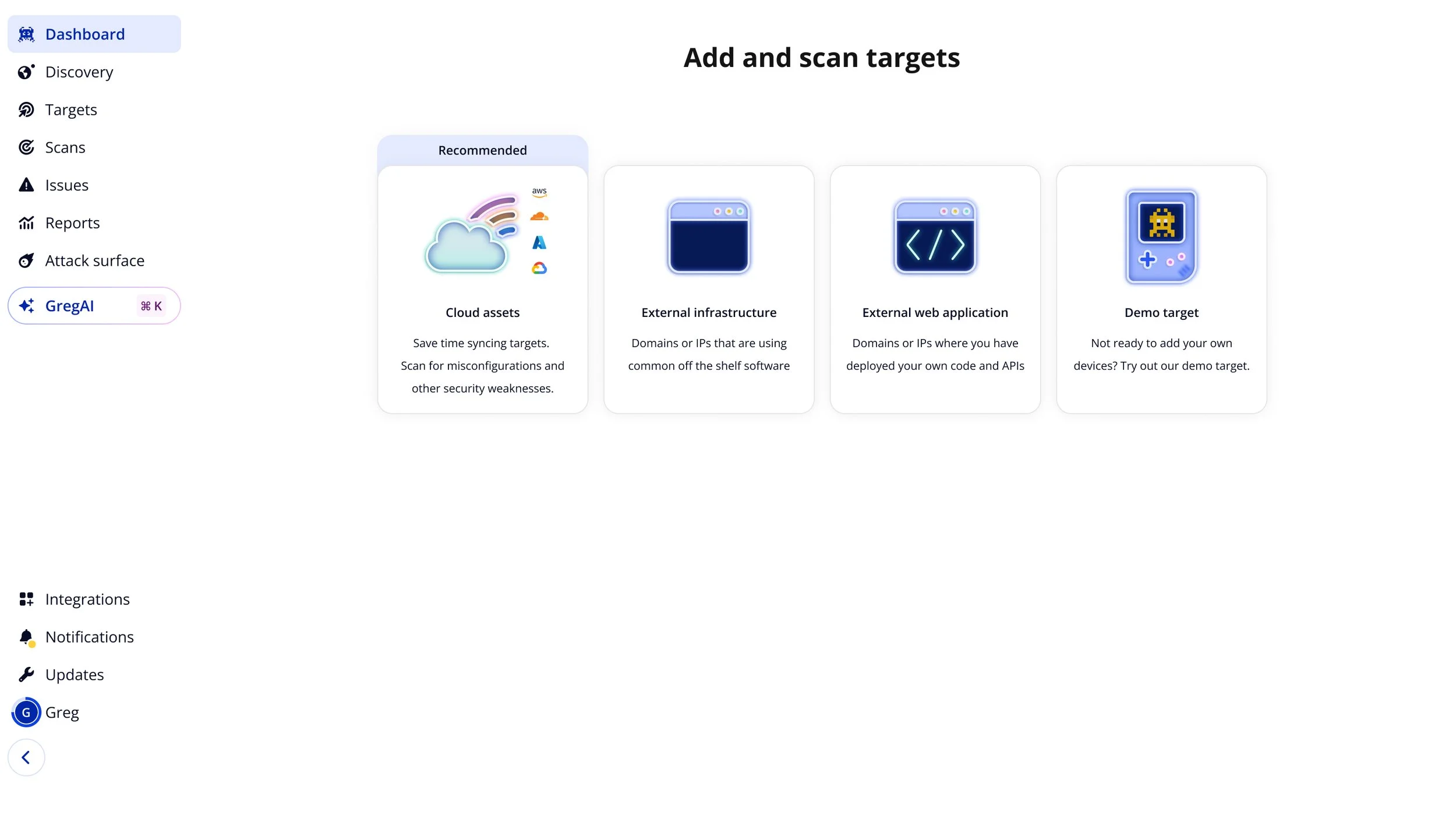 Dashboard screen showing options to add and scan targets, including cloud assets, external infrastructure, external web application, and a demo target.