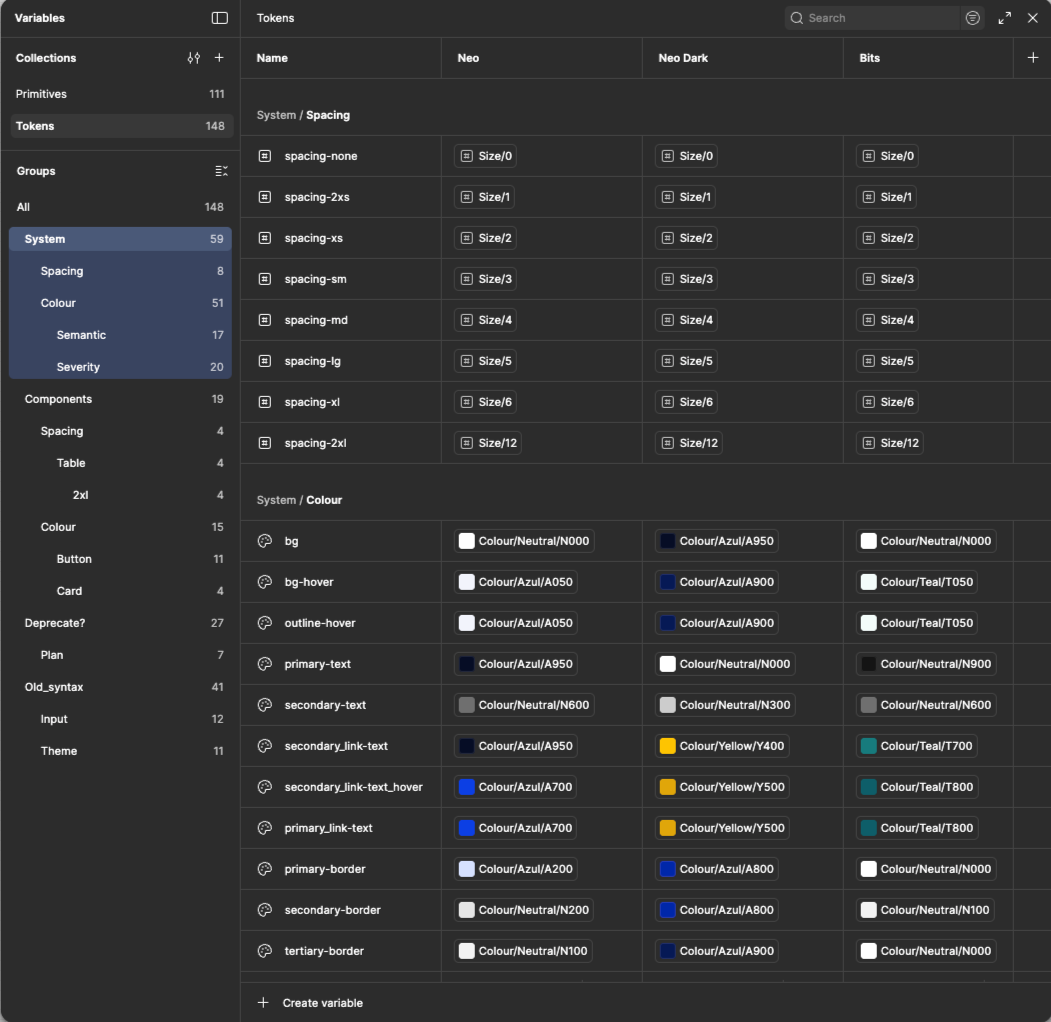 Screenshot of a design system or style guide, showing variables related to spacing and colors, with categories like system, components, and color. It displays various spacing sizes and color options with corresponding labels and codes.