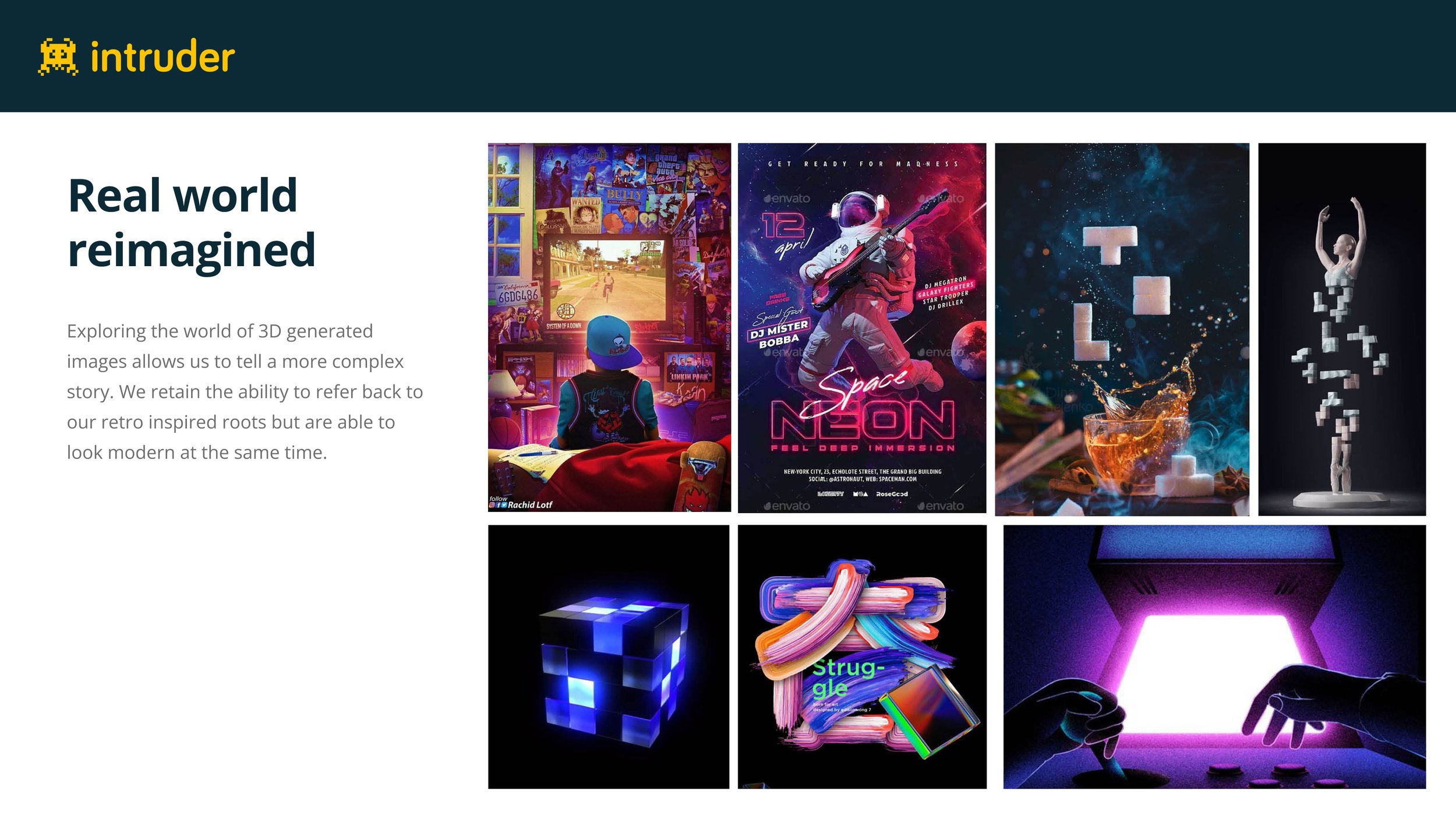 A collage of digital and graphic art images related to modern technology and gaming, including posters, 3D pixel art, neon graphics, and virtual reality elements.