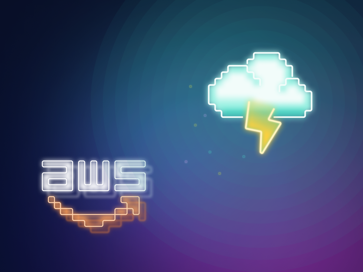 Neon-style digital illustrations of a cloud with a lightning bolt and the text 'AWS' with a smiley face beneath it on a dark gradient background.