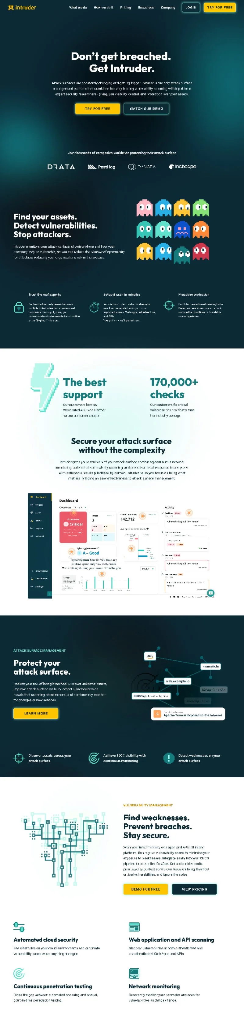 Screenshot of Intruder cybersecurity website homepage with headline "Don’t get breached. Get Intruder." featuring navigation menu, call-to-action buttons, client logos, pixel art characters, and sections about asset discovery, vulnerability scans, attack surface protection, vulnerability management, and security features.