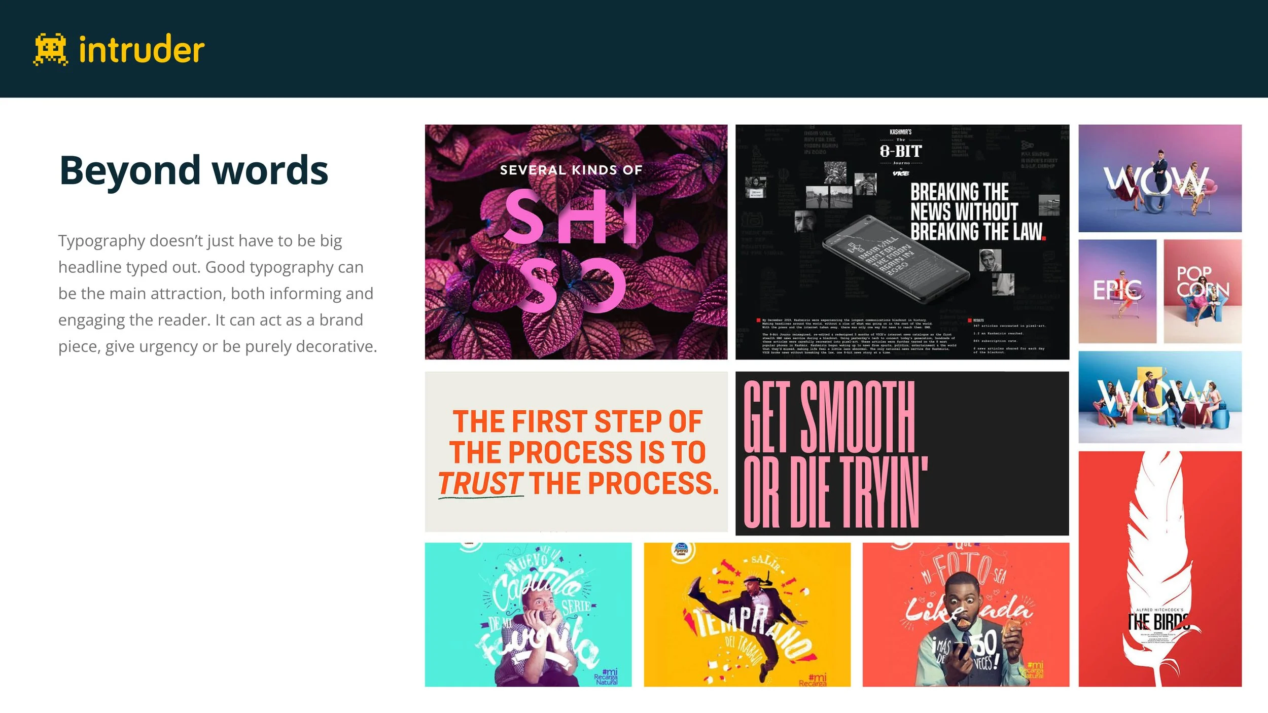 Screenshot of a webpage titled 'Beyond words' from Intruder, featuring various graphic designs with bold typography, colorful backgrounds, and images of people, emphasizing the importance of typography in visual communication.