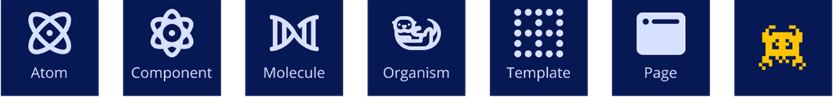 Icons labeled Atom, Component, Molecule, Organism, Template, Page, and Alien sprite from a user interface