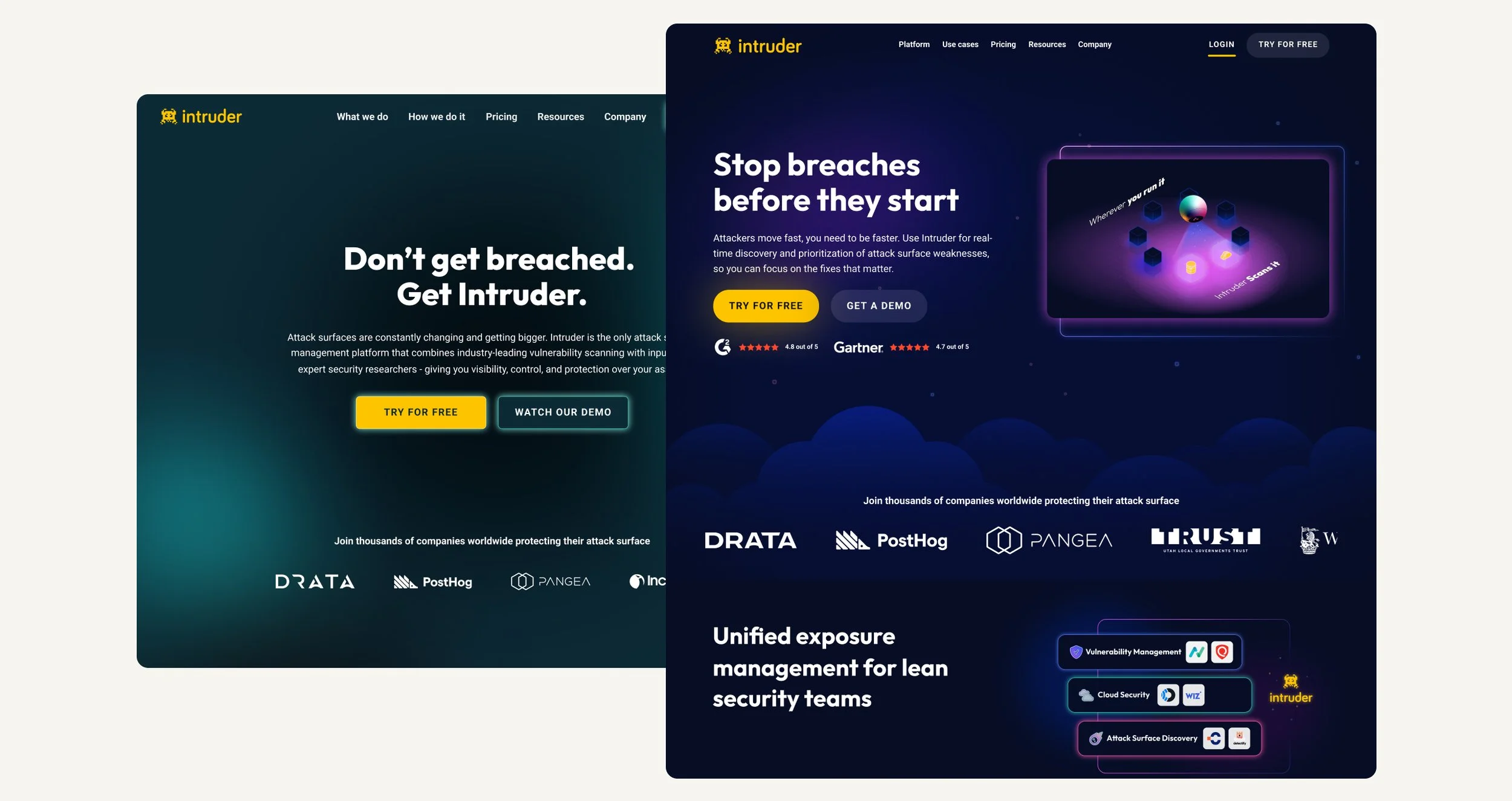 Comparison of two cybersecurity website homepage screenshots for Intruder, highlighting attack surface protection and breach prevention tools.