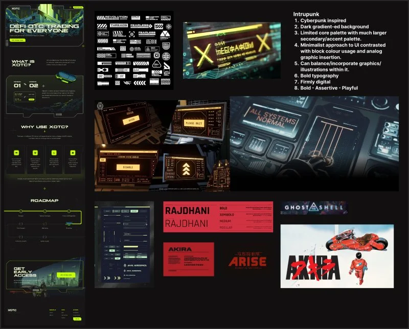 A digital design collage featuring futuristic UI elements, neon and dark-themed graphics, technology-inspired interfaces, and a car and robot image, with some text in bold and stylized fonts.