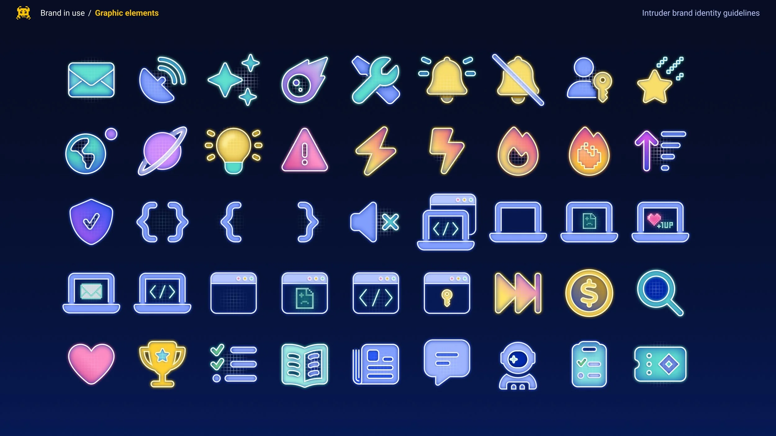 A collection of neon-style digital icons representing various brand and user interface elements, including email, notifications, settings, alerts, user profile, health, information, code, and miscellaneous symbols, set against a dark background.