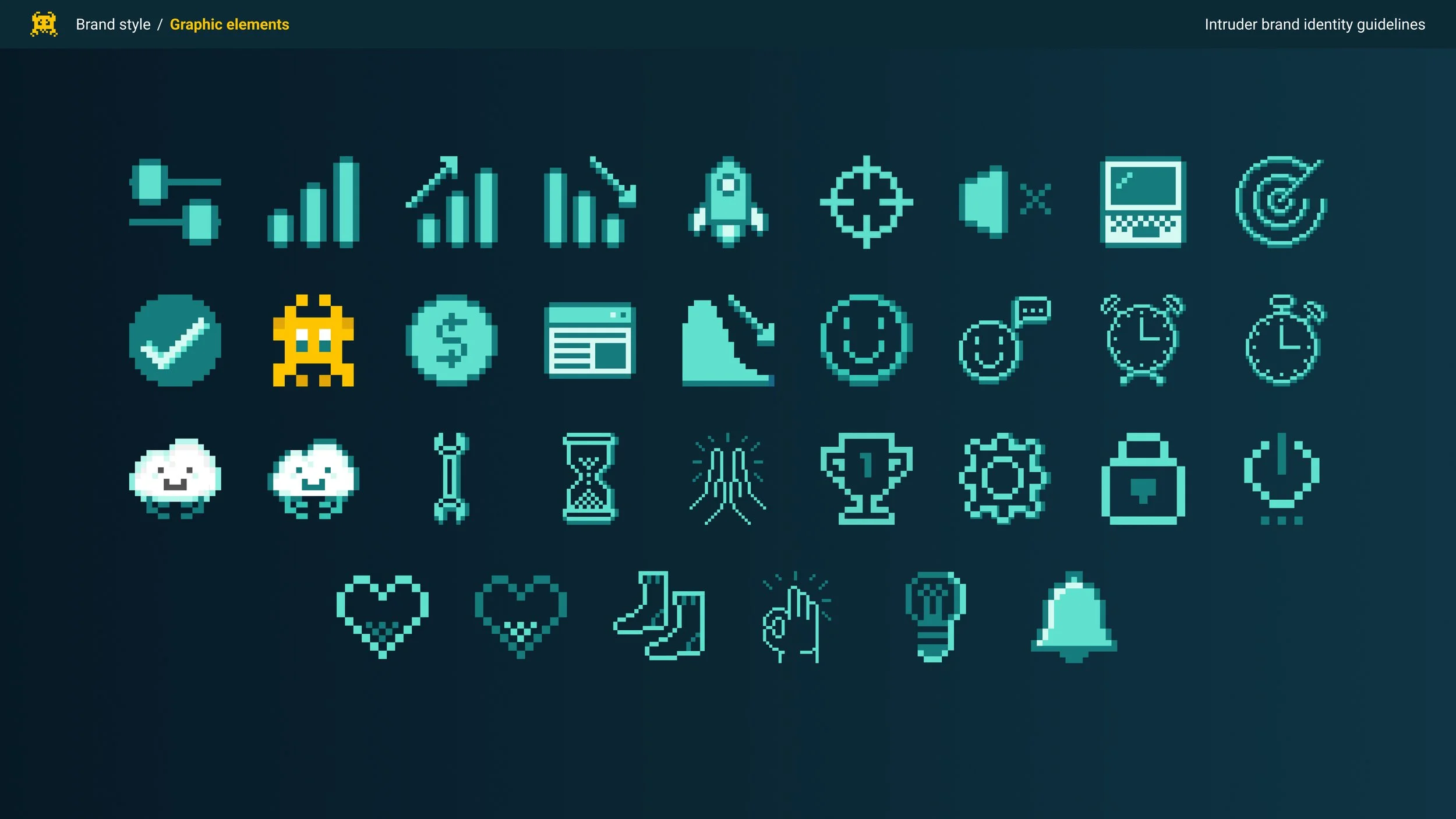 A collection of pixel art icons related to brand style and graphic elements, including charts, rockets, clocks, hearts, and various symbols.
