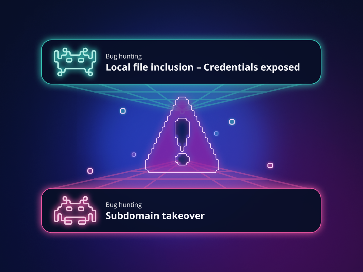 Neon graphic illustrating bug hunting threats: one section labeled 'Local file inclusion - Credentials exposed' with a bug icon, another section labeled 'Subdomain takeover' with a different bug icon, connected by lines and a central abstract figure.