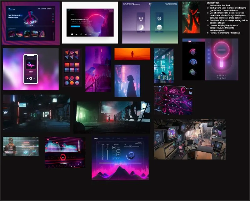 A collage of various digital screens and scenes featuring futuristic and cyberpunk-inspired themes with neon lighting, holographic interfaces, cityscapes, and a gaming or control room environment.