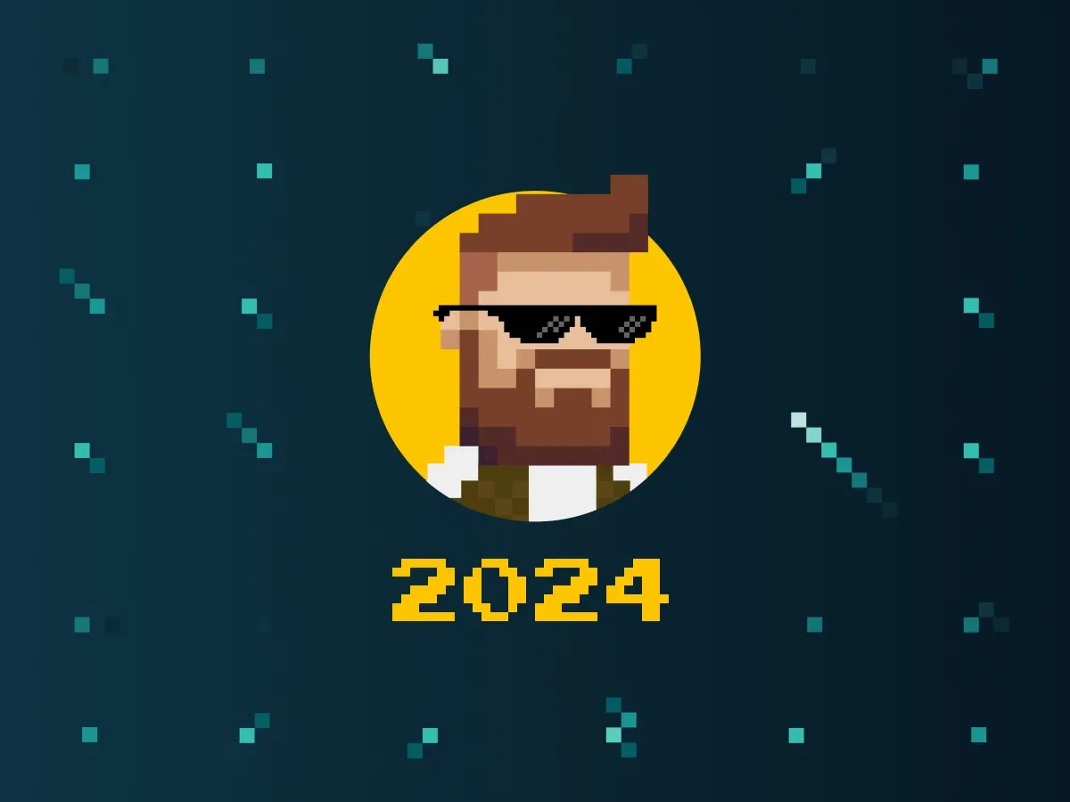 Pixel art image of a bearded man wearing sunglasses with '2024' written below, against a dark background with scattered teal squares.