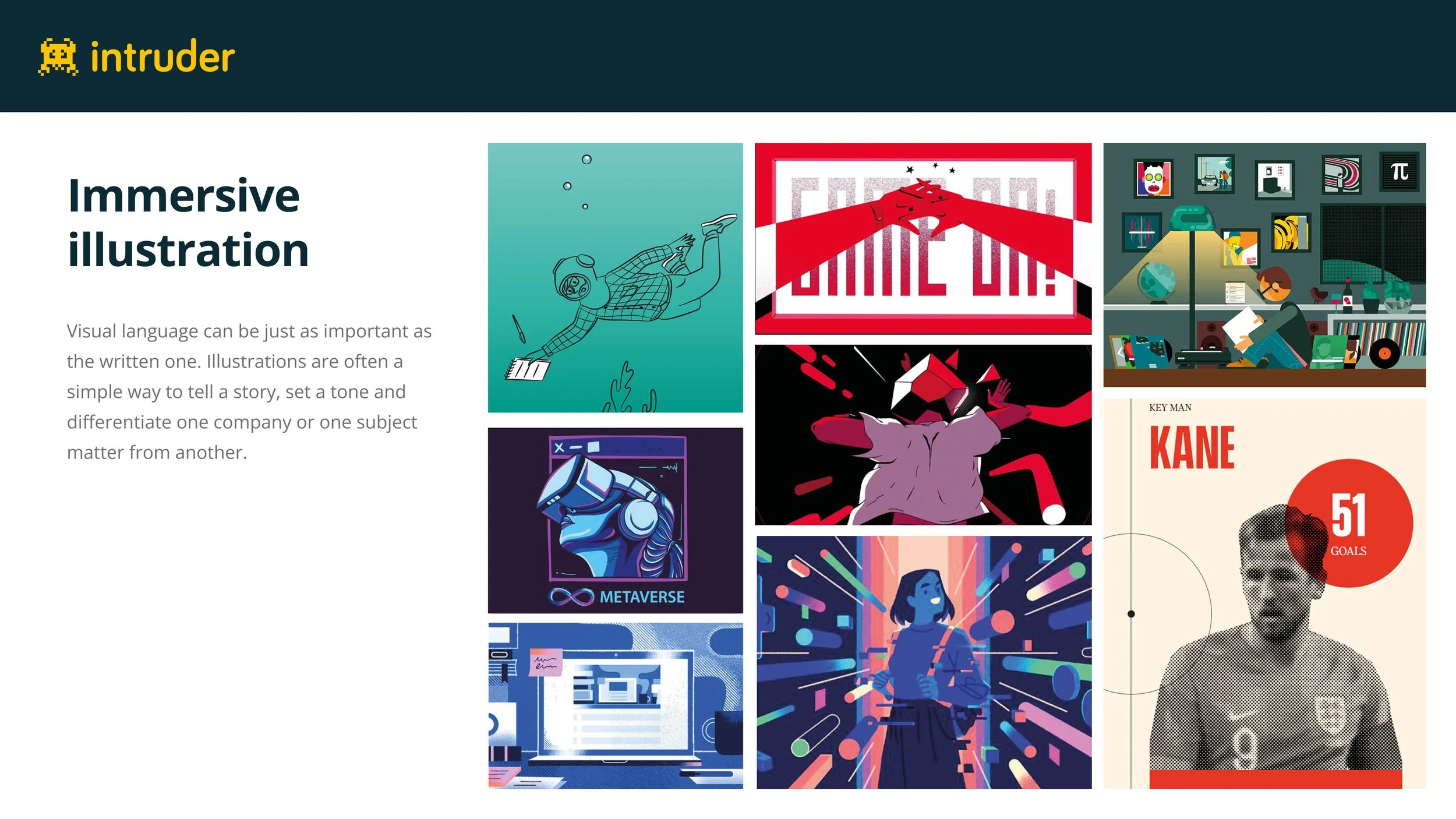 A presentation slide titled "Immersive illustration" showing various examples of digital and graphic art, including a person with virtual reality headset, stylized portraits, abstract digital scenes, and a football player named Kane with 51 goals.