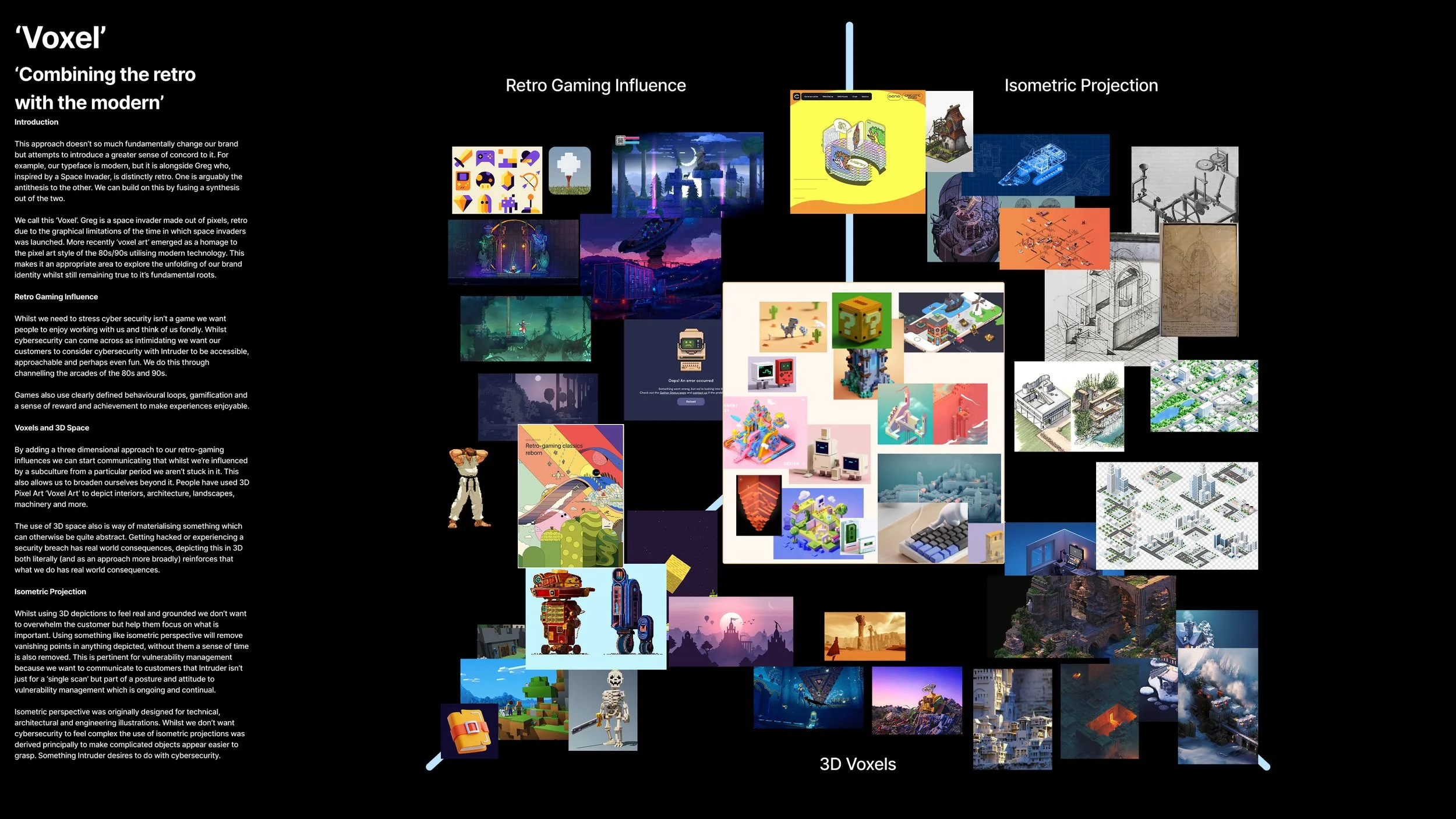 A detailed infographic titled 'Voxel: Combining the retro with the modern,' explaining the connection between retro gaming influences and modern design through concepts like 3D pixels, isometric projection, and pixel art. The infographic includes images of pixelated characters, game scenes, architectural sketches, and digital landscapes, illustrating the evolution of voxel-based art and design.