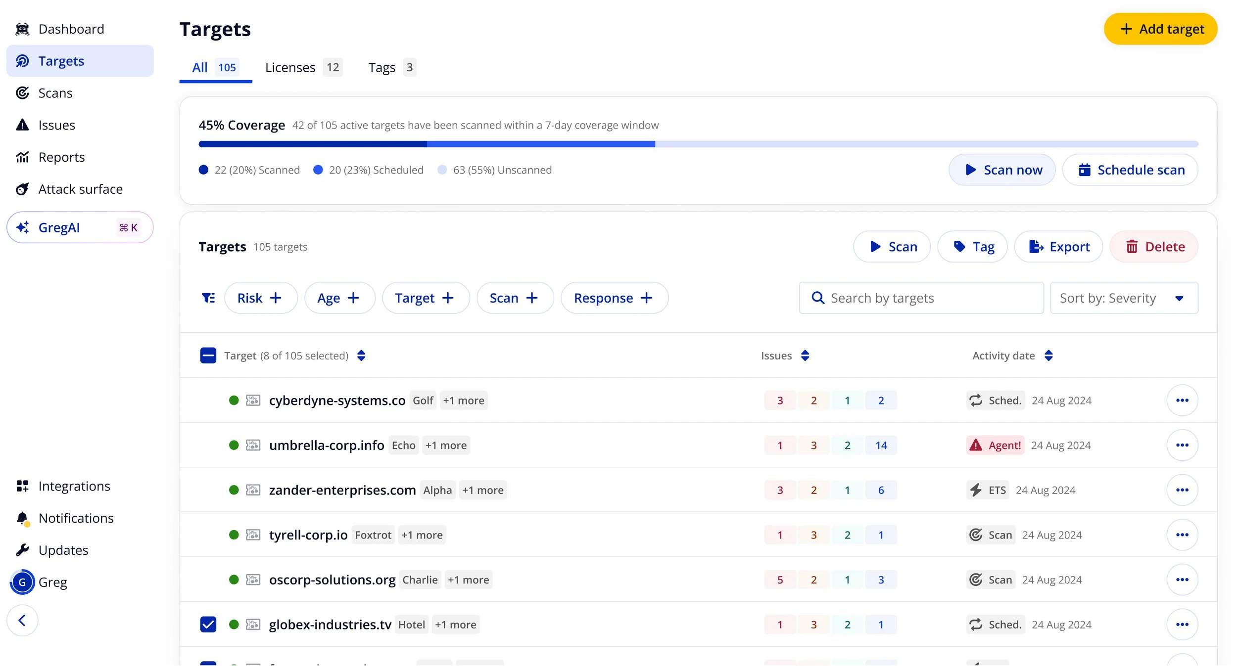 Screenshot of a cybersecurity target management dashboard showing a list of targets, issues, activity dates, and options to scan, tag, export, or delete targets.