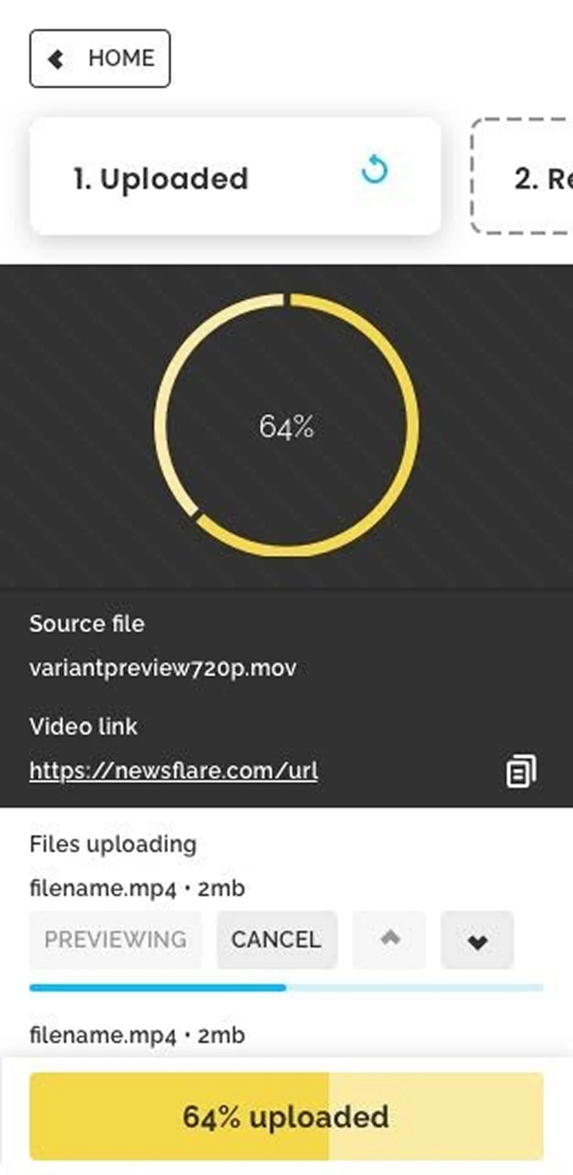 Screen displaying a video upload progress at 64%, with a circular progress bar, file details, and a video link.