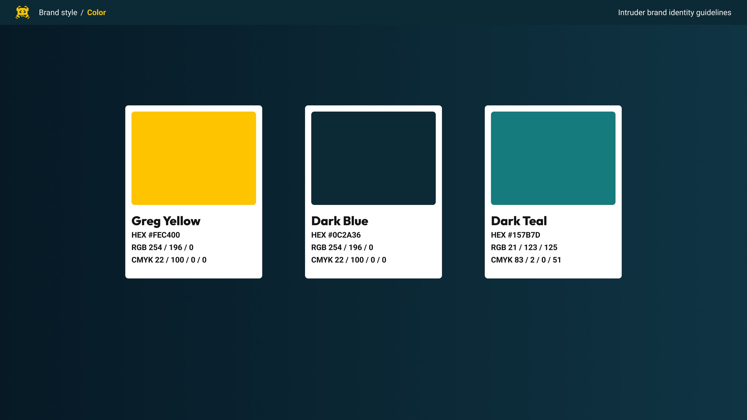 Color palette with three color swatches labeled Greg Yellow, Dark Blue, and Dark Teal, including their HEX, RGB, and CMYK codes.