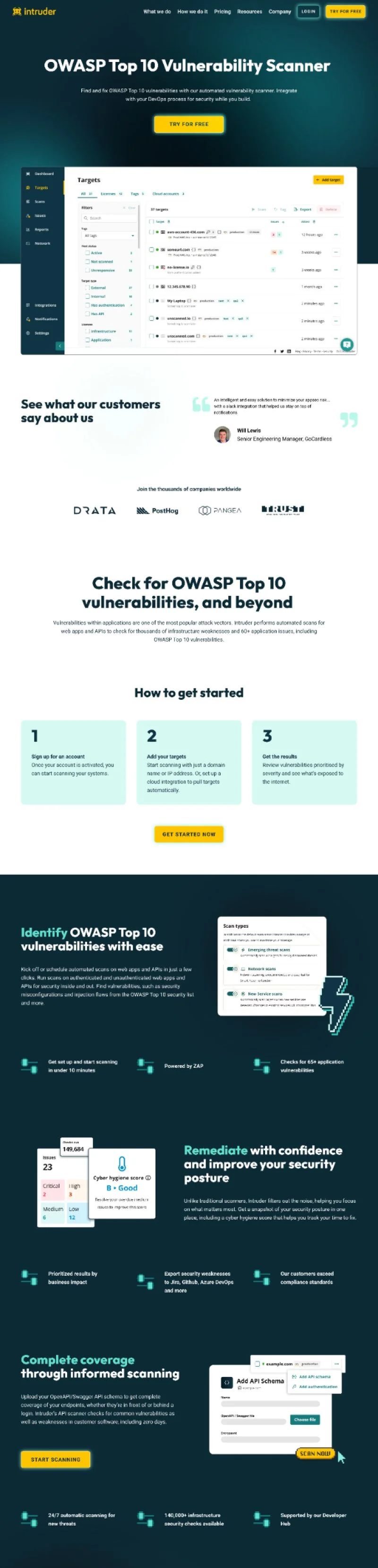 Web page screenshot of Intruder's OWASP Top 10 Vulnerability Scanner platform, featuring a main header, a call-to-action button 'Try for Free', a dashboard showing target scans, customer reviews, partner logos, a three-step setup guide, and information about vulnerability detection and remediation.