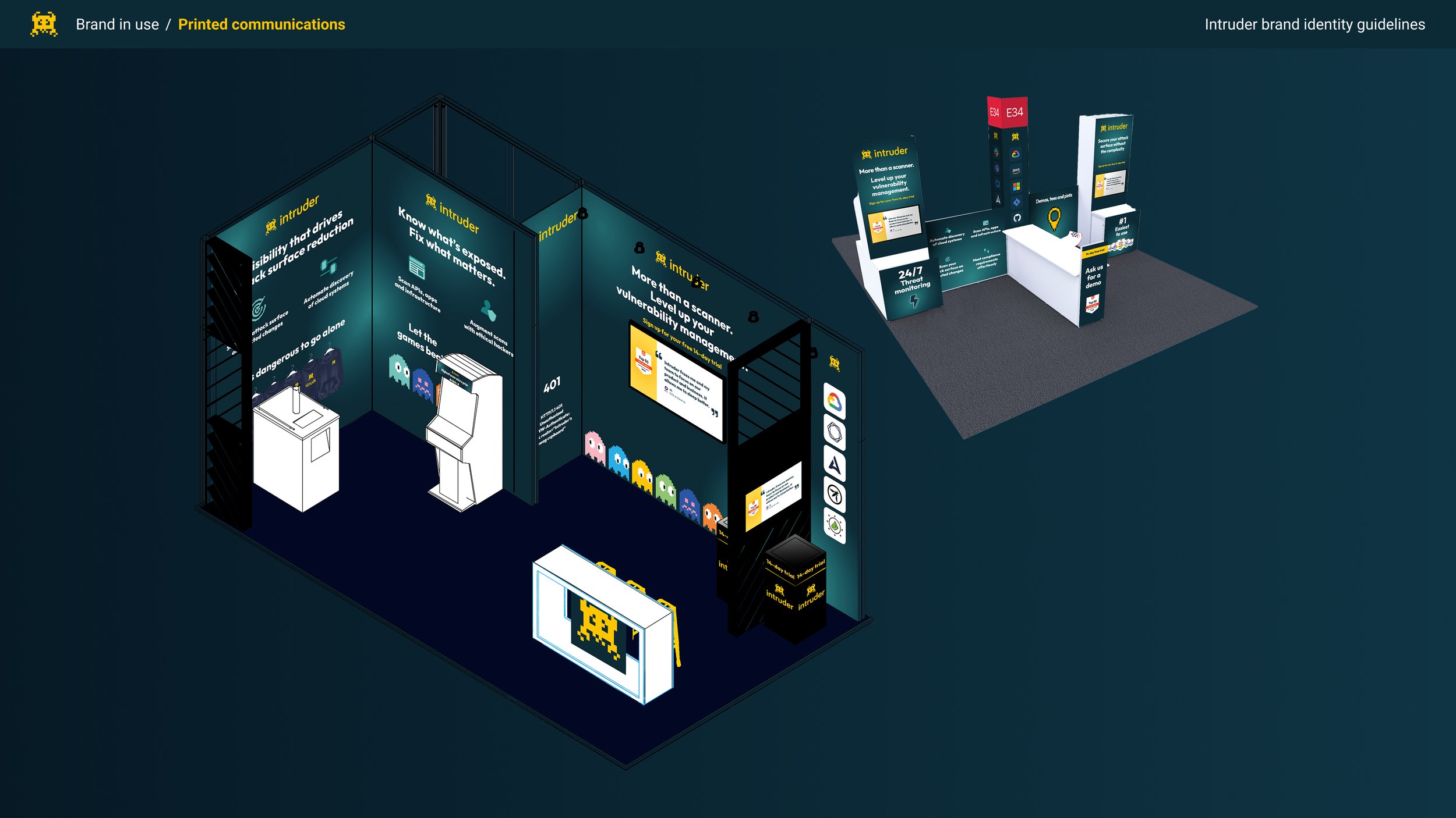 Trade show booth for Intruder: cybersecurity brand, featuring digital displays, wall graphics with Pac-Man style characters, and informational panels about vulnerability management and threat monitoring.