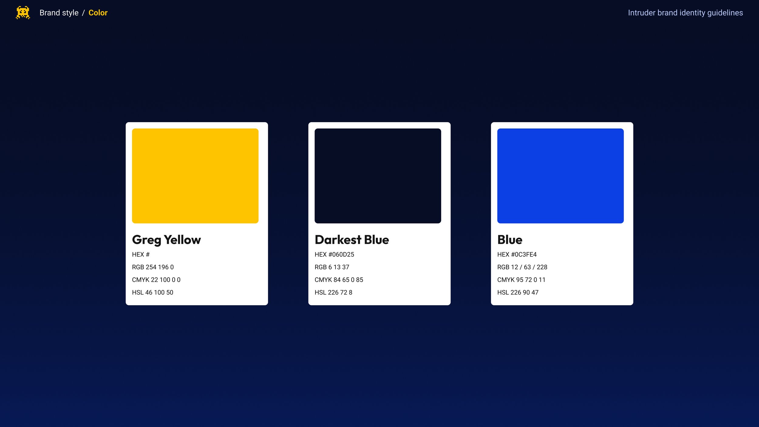 Digital color palette featuring three color swatches with labels and color codes: Greg Yellow, Darkest Blue, and Blue.