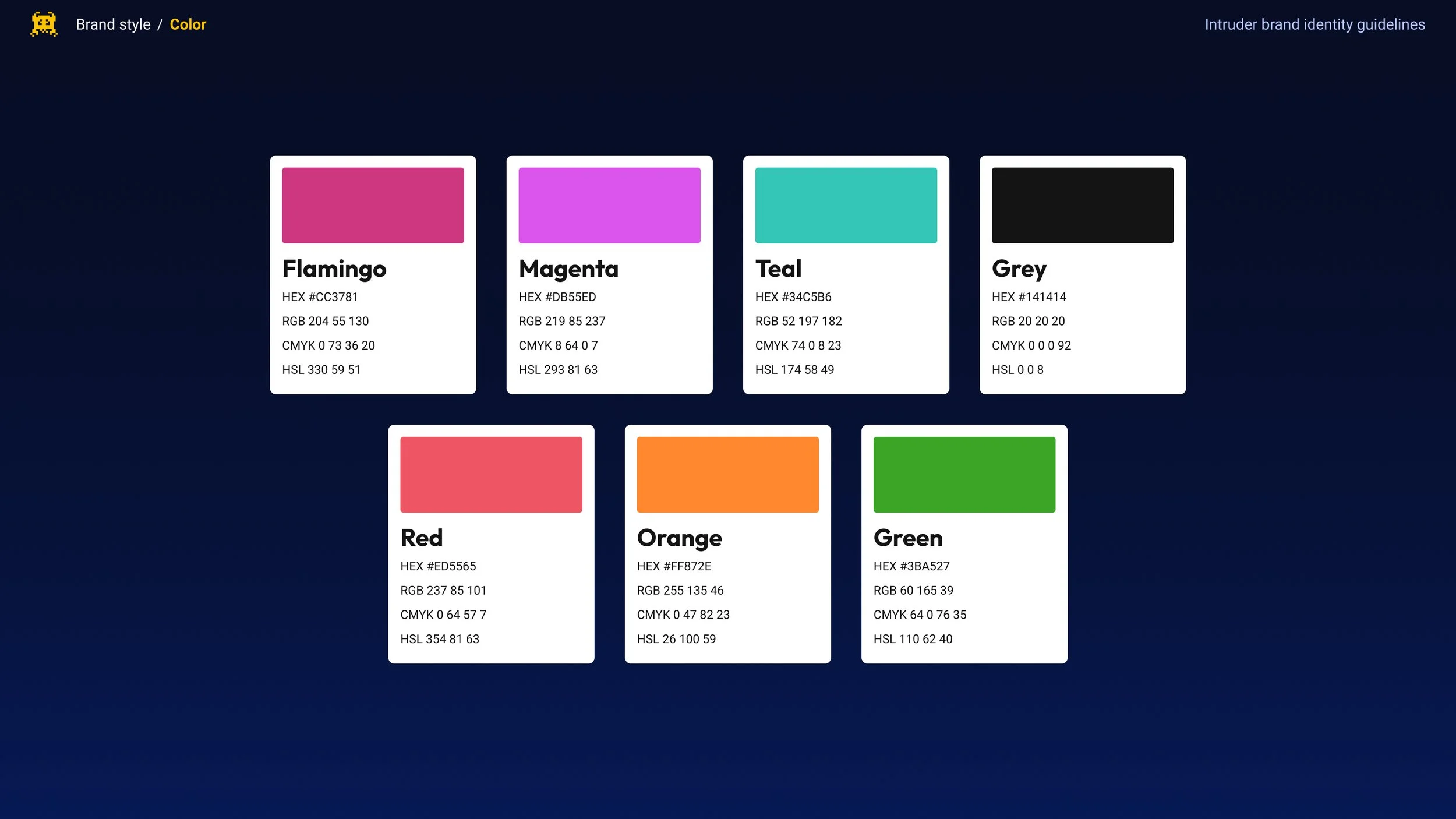 Color palette chart showing seven colors: Flamingo, Magenta, Teal, Grey, Red, Orange, and Green, each with their HEX, RGB, CMYK, and HSL color codes.