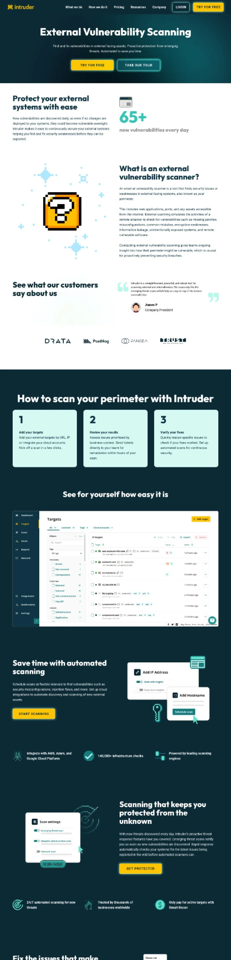 A webpage for an external vulnerability scanning service called Intruder. It features sections on how to scan your perimeter, customer testimonials, and key features like automated scanning, integration with cloud platforms, and keeping protection from unknown threats. The page includes buttons for free trials and tours, a demonstration screenshot of the scanner dashboard, and icons indicating infrastructure checks and 24/7 scanning.