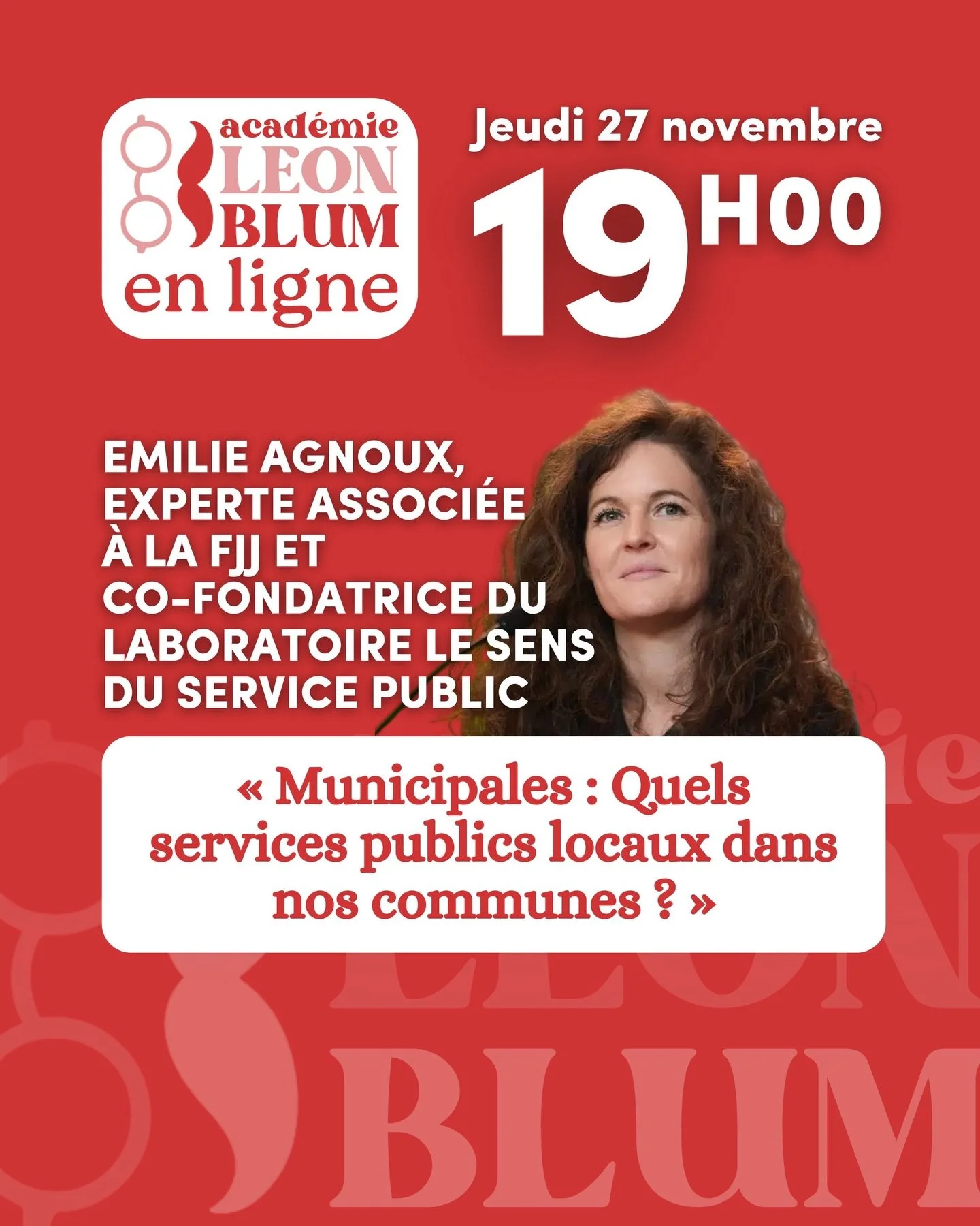 Nouvelle session des Jeudis L&eacute;on Blum ! 🎓

Avec @emilieagnoux, experte associ&eacute;e &agrave; la Fondation Jean Jaur&egrave;s et co-fondatrice du laboratoire &laquo;&nbsp;Le Sens du service public&nbsp;&raquo;.

🗓️ Jeudi 27 nov. &mdash; 19