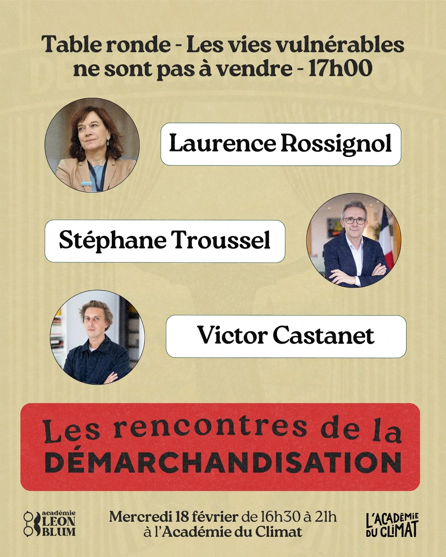 Voici la premi&egrave;re table ronde des Rencontres de la d&eacute;marchandisation intitul&eacute;e &laquo; Les vies vuln&eacute;rables ne sont pas &agrave; vendre. &raquo; qui aura lieu &agrave; partir de 17h.

Elle rassemblera @lau.rossignol, @stro