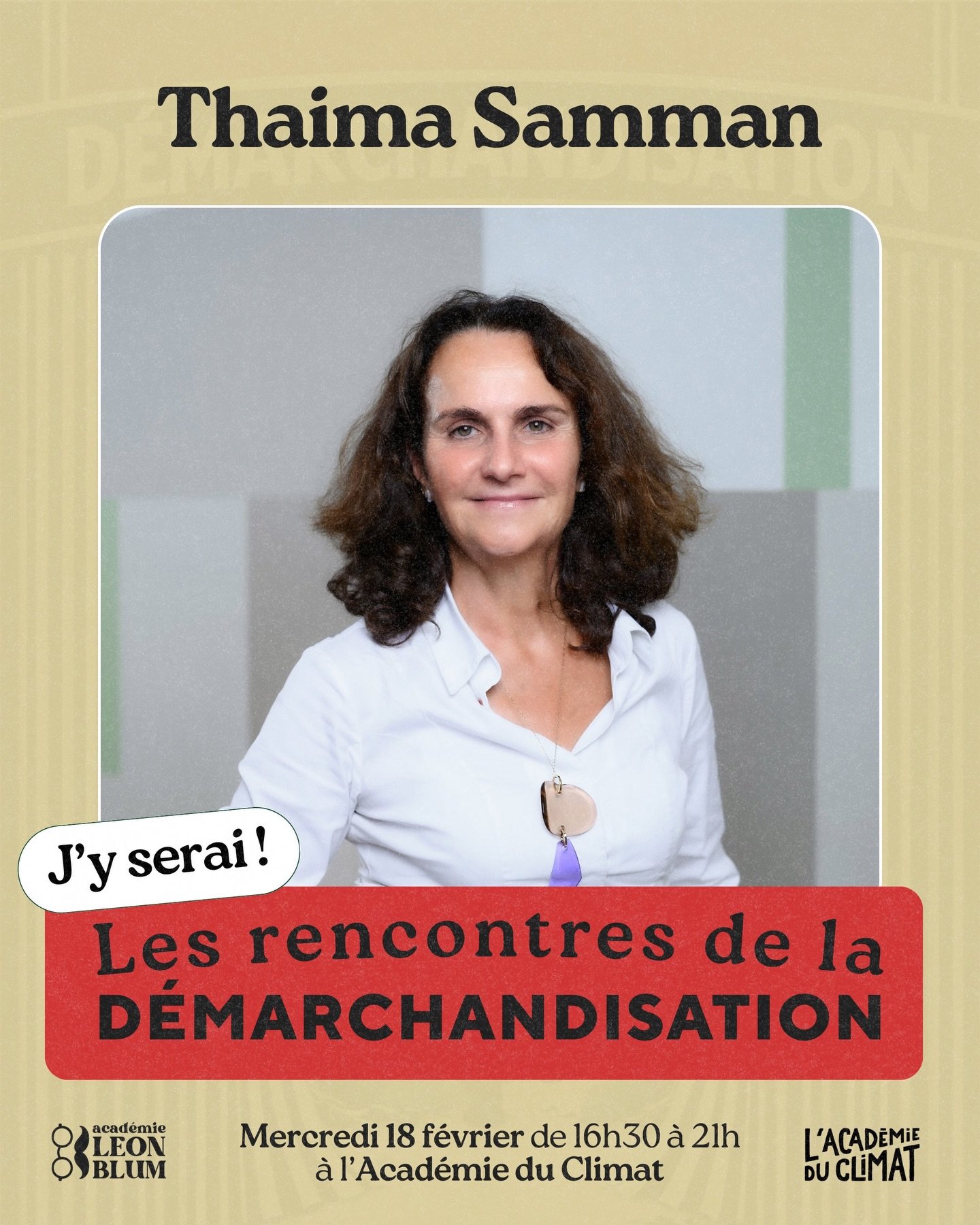 ✅ Thaima Samman sera l&agrave; ! Elle interviendra lors du proc&egrave;s fictif des r&eacute;seaux sociaux : Souhaitons-nous rester leurs marchandises ?

Rendez-vous le 18 f&eacute;vrier, 17h &agrave; l&rsquo;Acad&eacute;mie du Climat.

➜ bit.ly/Jour