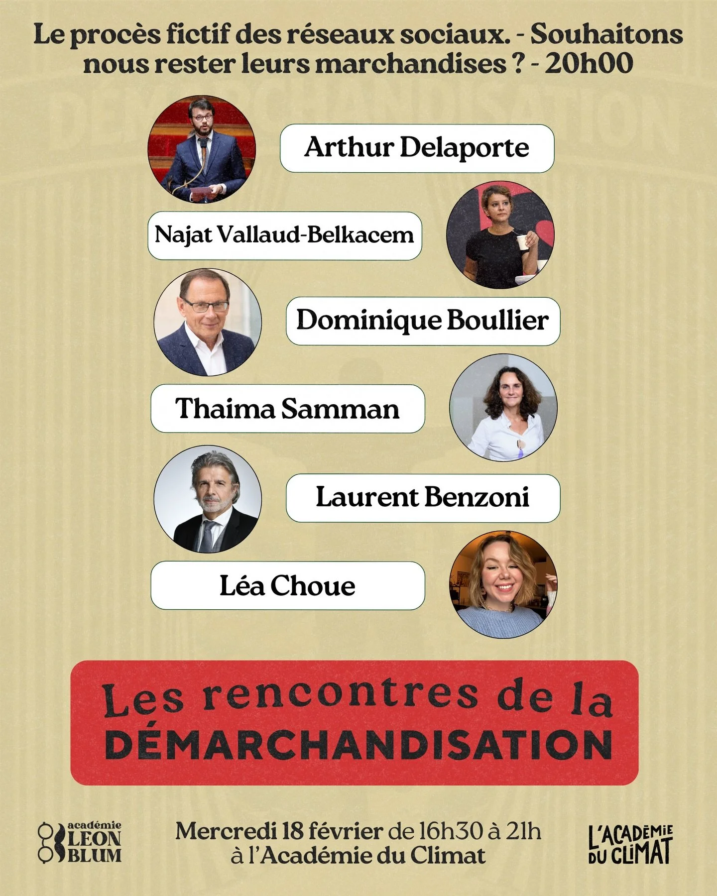 Voici le temps fort des Rencontres de la d&eacute;marchandisation &laquo; Le proc&egrave;s fictif des r&eacute;seaux sociaux : Souhaitons-nous rester leurs marchandises ? &raquo; &agrave; partir de 20h demain.

Il rassemblera @arthurdelaporte, @najat