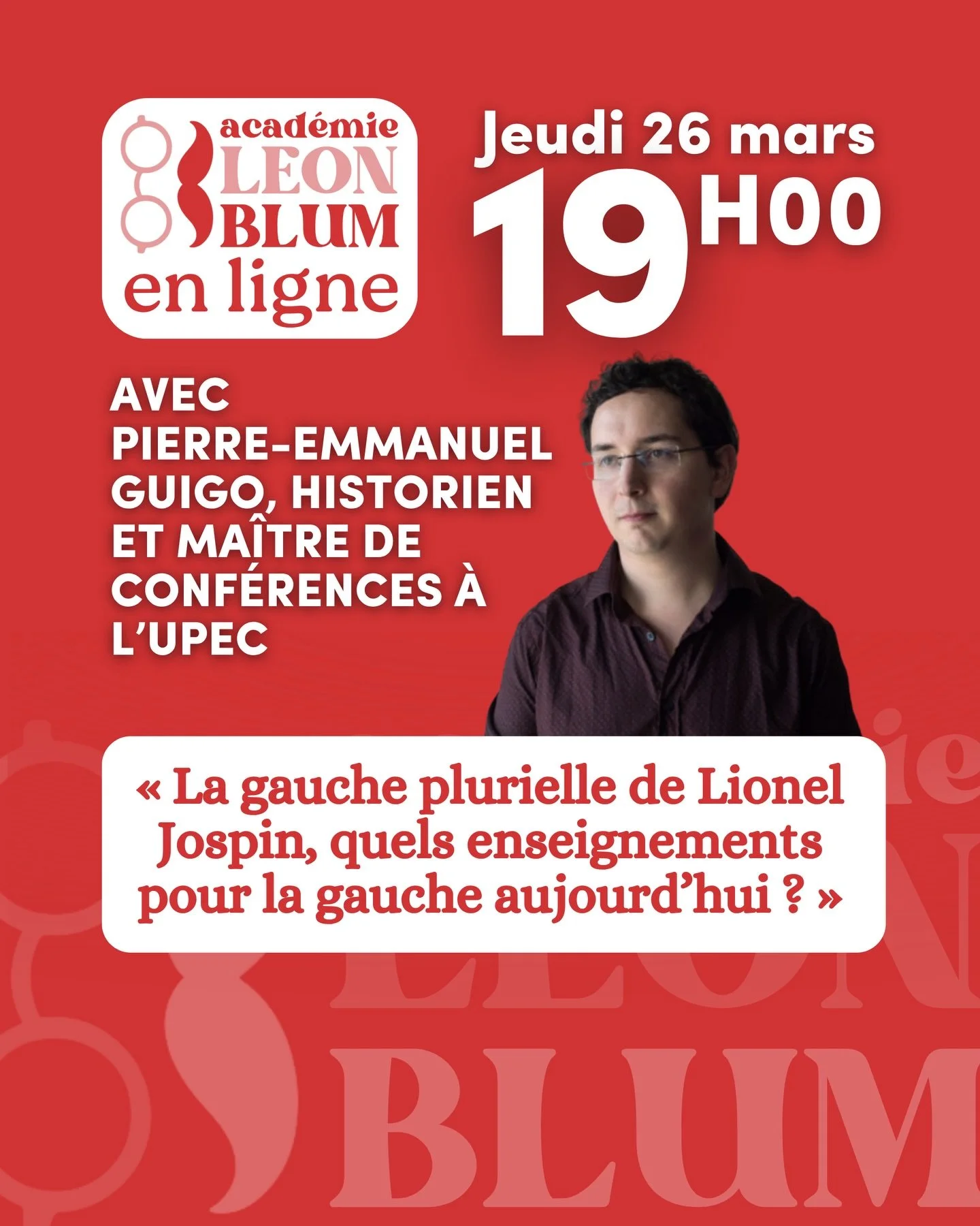 Nouvelle session des Jeudis L&eacute;on Blum ! 🎓

Avec Pierre-Emmanuel Guigo, historien et ma&icirc;tre de conf&eacute;rences &agrave; l&rsquo;UPEC.

🗓️ Jeudi 26 mars &mdash; 19h &agrave; 20h, en visio.

&rarr; bit.ly/jeudiALB