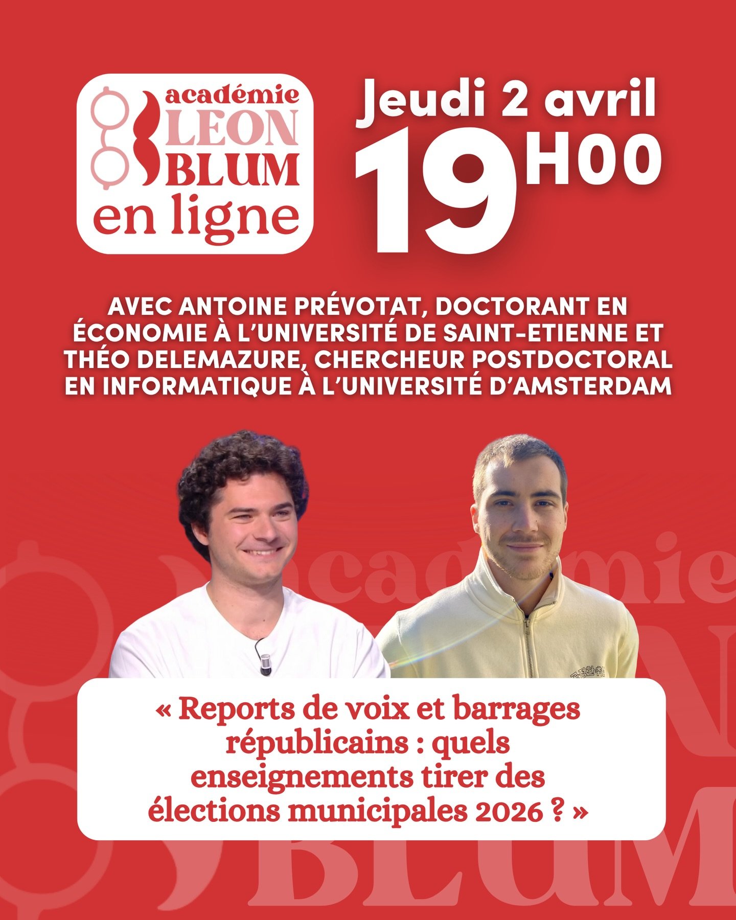 Nouvelle session des Jeudis L&eacute;on Blum ! 🎓

Avec @aprev22, doctorant en &eacute;conomie &agrave; l&rsquo;universit&eacute; de Saint-Etienne et delemazuretheo, chercheur postdoctoral en informatique &agrave; l&rsquo;universit&eacute; d&rsquo;Am
