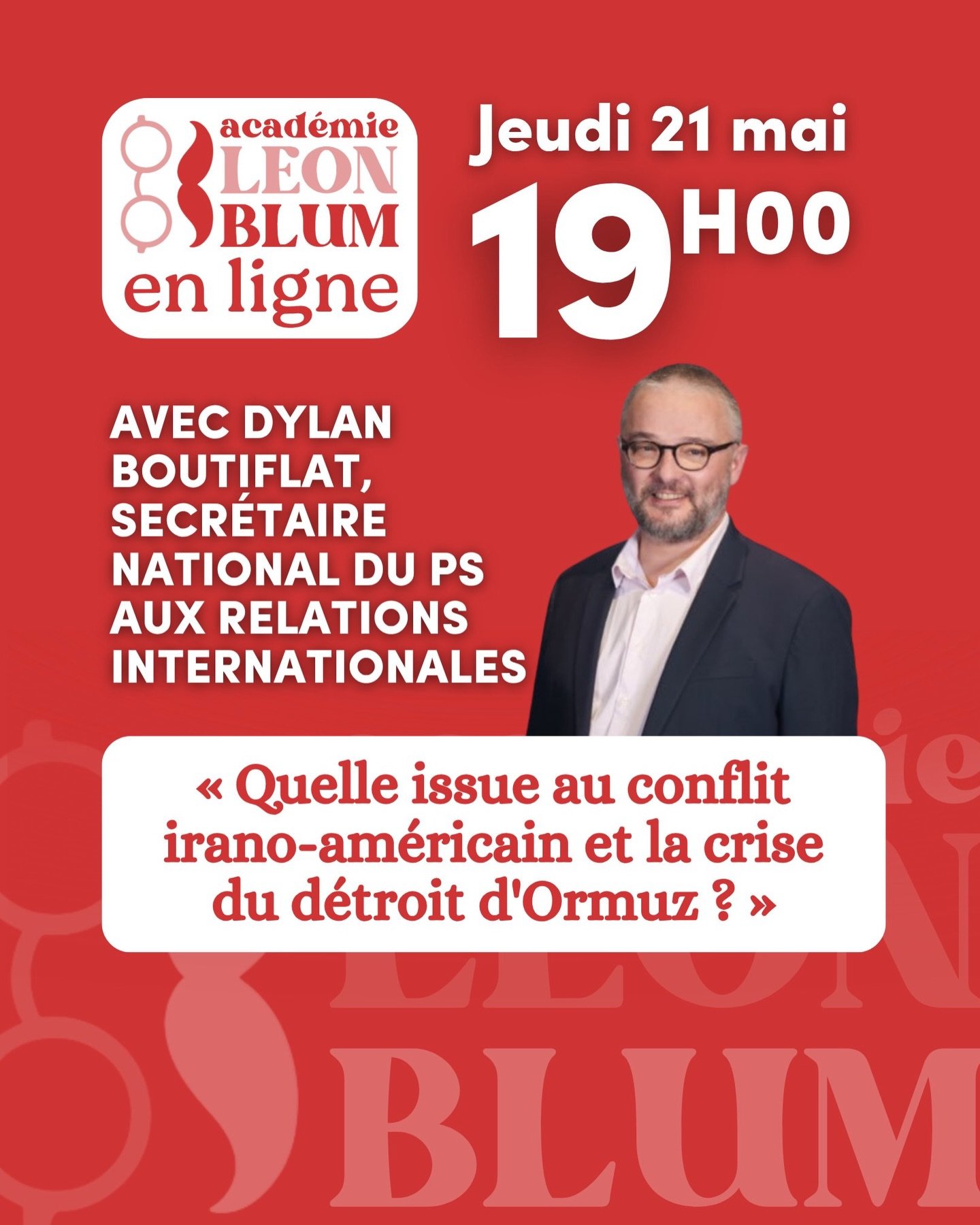 Nouvelle session des Jeudis L&eacute;on Blum ! 🎓

Avec @dylanboutiflat, Secr&eacute;taire national du Parti Socialiste aux relations internationales.

🗓️ Jeudi 21 mai &mdash; 19h &agrave; 20h, en visio.

&rarr; bit.ly/jeudiALB