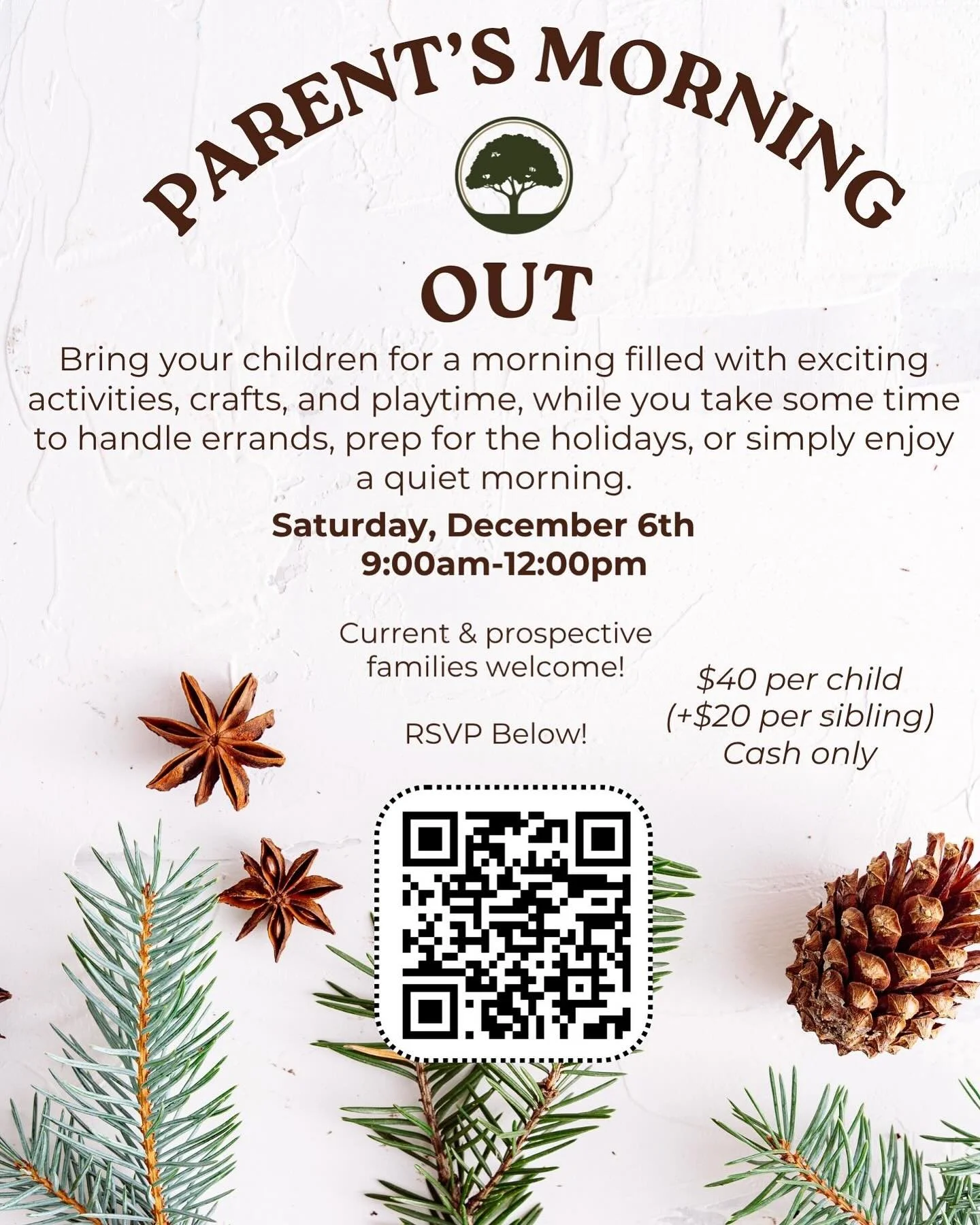 Join us for Parent&rsquo;s Morning Out! Drop your child off for a fun-filled morning of activities while you enjoy some well-deserved time to relax or tackle your to-do list. Open to both current and prospective families. RSVP today through the link 