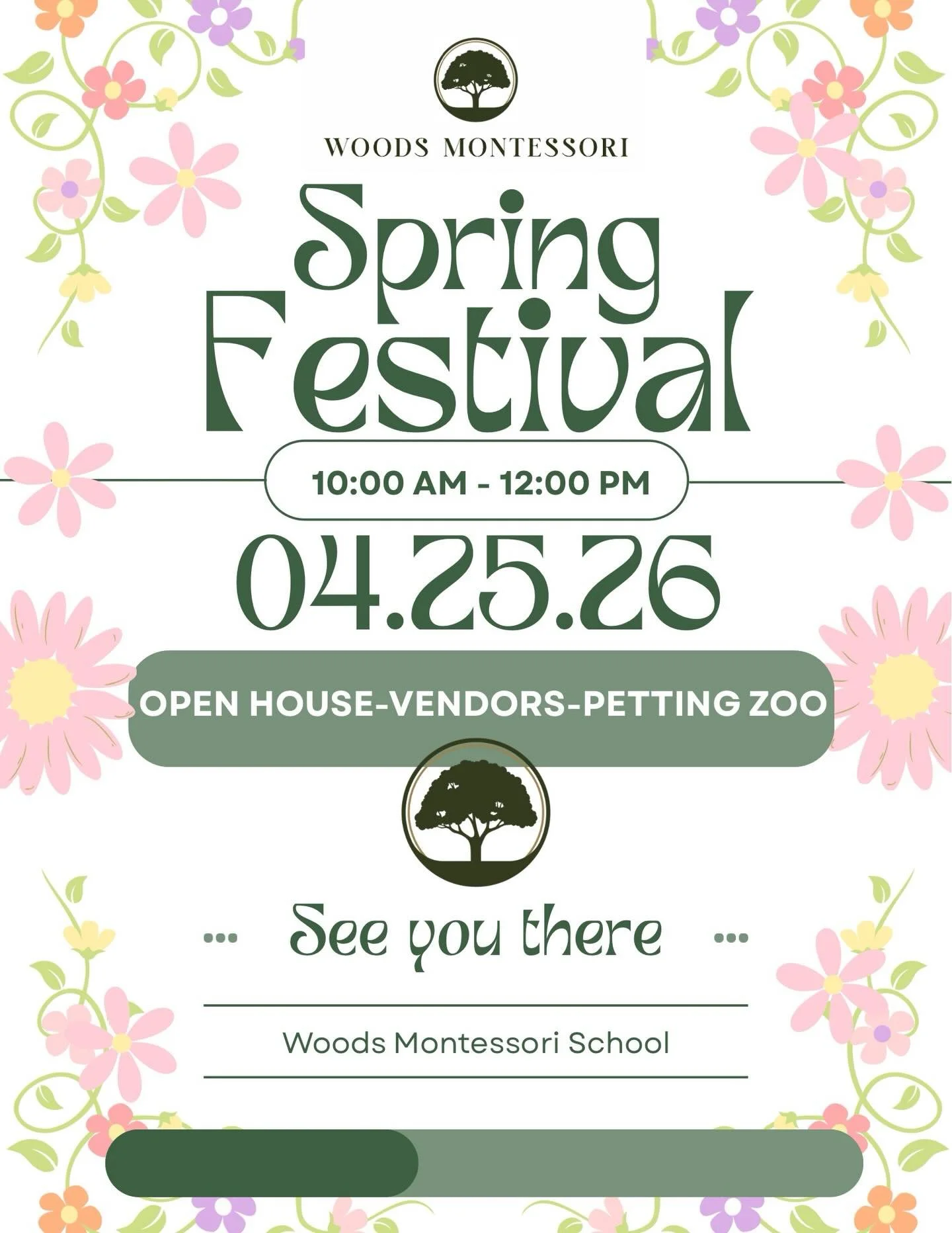 🌷 Save the date! 🌷

Woods Montessori School is excited to host our Spring Festival and Open House on April 25th! Join us for a joyful morning exploring our Montessori classrooms, connecting with our wonderful community, and supporting local vendors