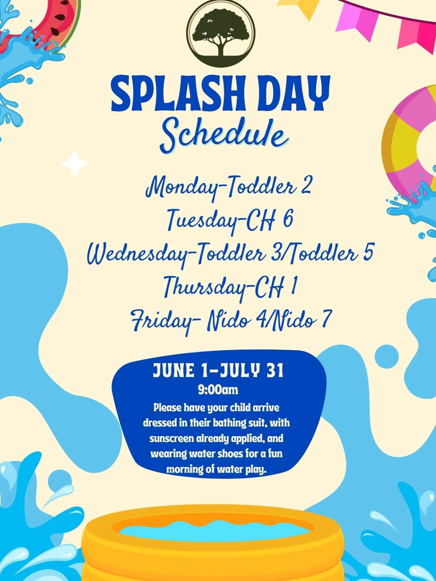 Splash Days are coming soon at Woods Montessori School ☀️💦

Please have your child arrive in their bathing suit, water shoes, and sunscreen already applied. Be on the lookout for details from your Lead Guide. We are looking forward to a wonderful su
