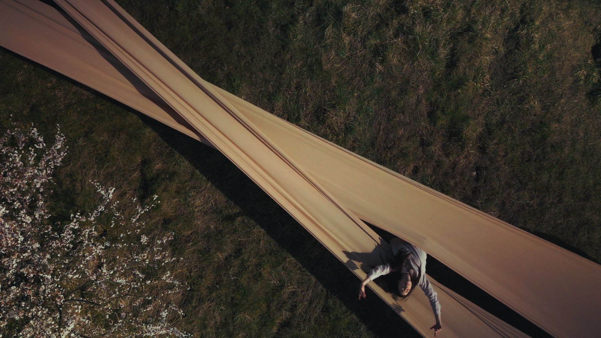 Person in hammock-like fabric on grass, aerial view