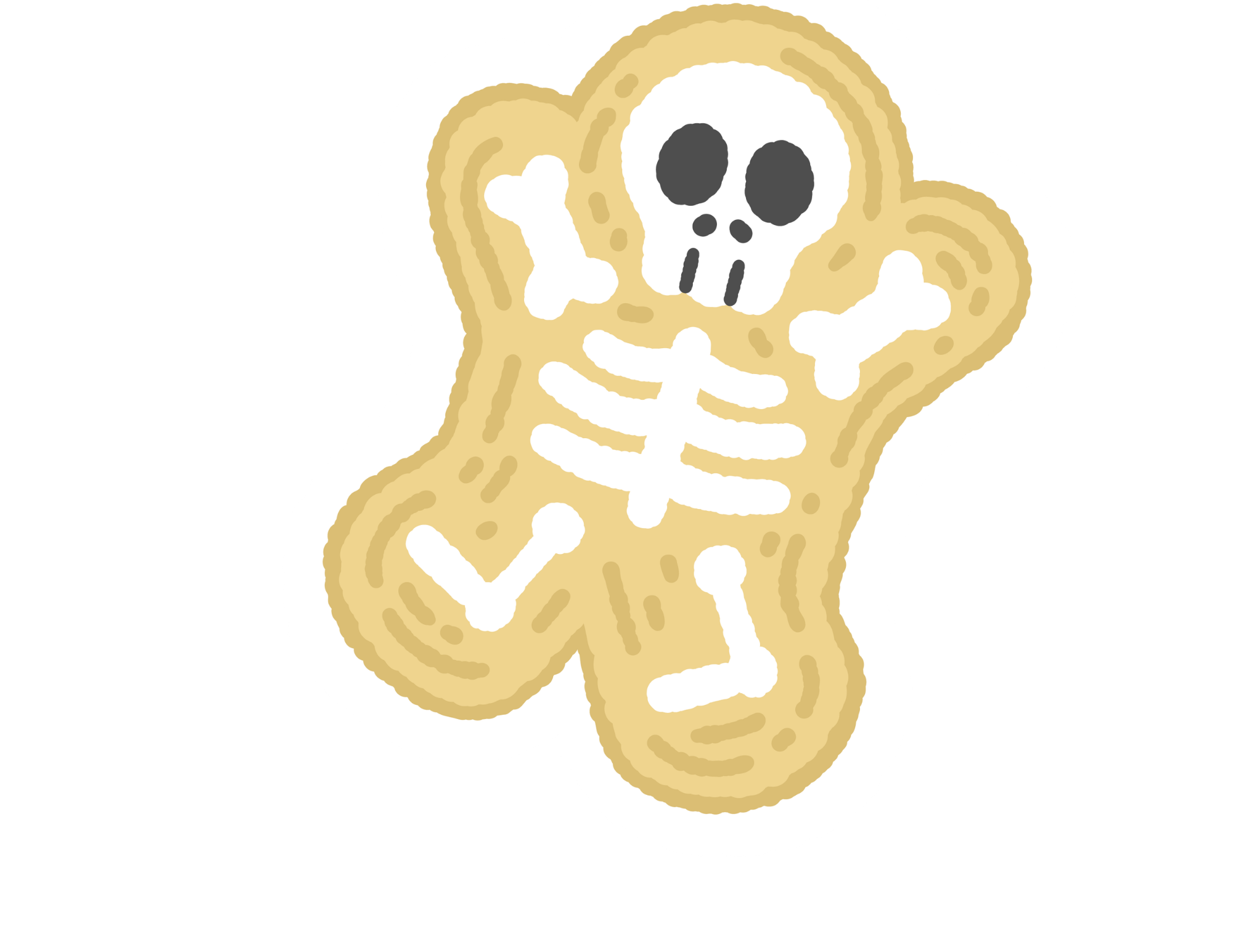 A cartoon illustration of a human skeleton in a beige color, with a skull that has large, dark eye sockets, a small nose cavity, and a simplified jaw. The skeleton's right arm is raised with the hand in a waving gesture, and the skeleton is positioned against a plain white background.