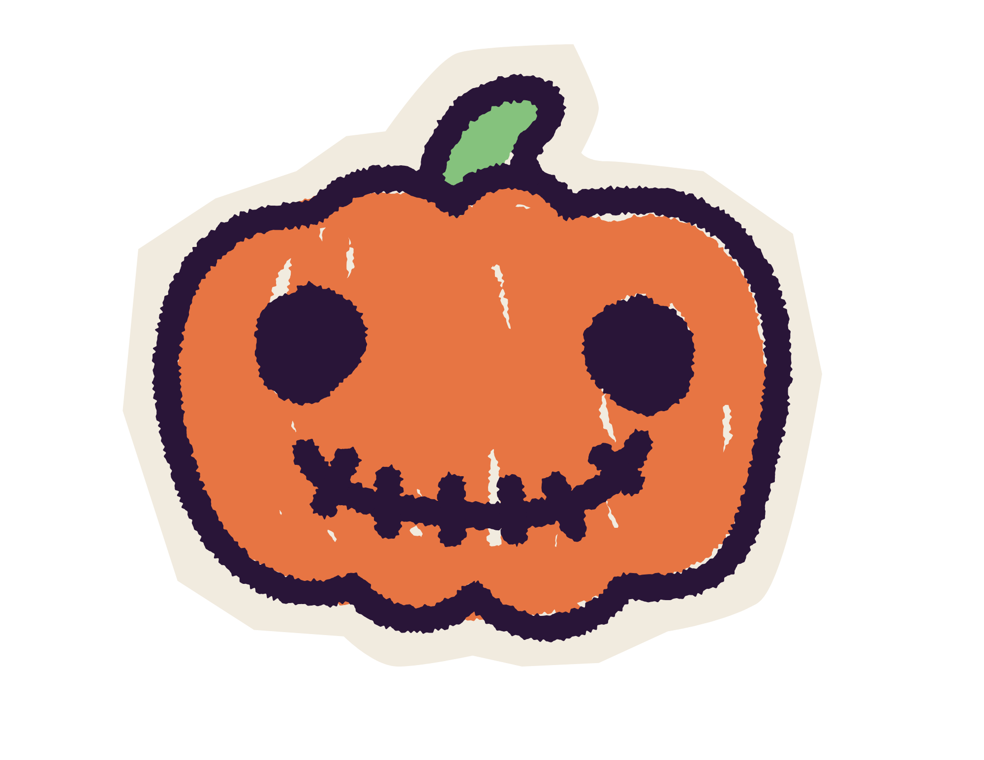 A sticker of a jack-o'-lantern with a carved face, featuring triangle eyes, a nose, and a jagged mouth, on a black background.