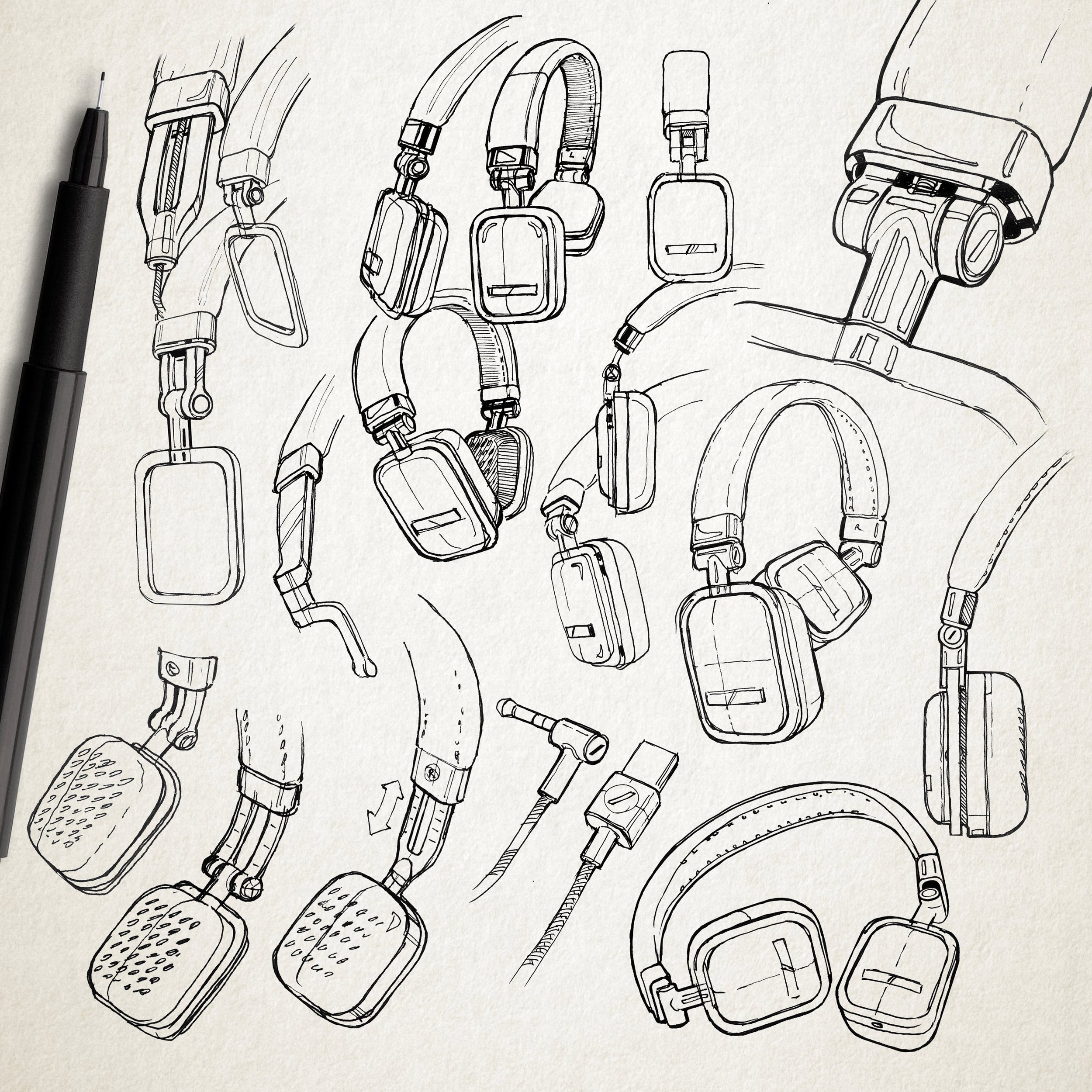 Industrial design sketches of Harman Kardon Soho Wireless headphones
