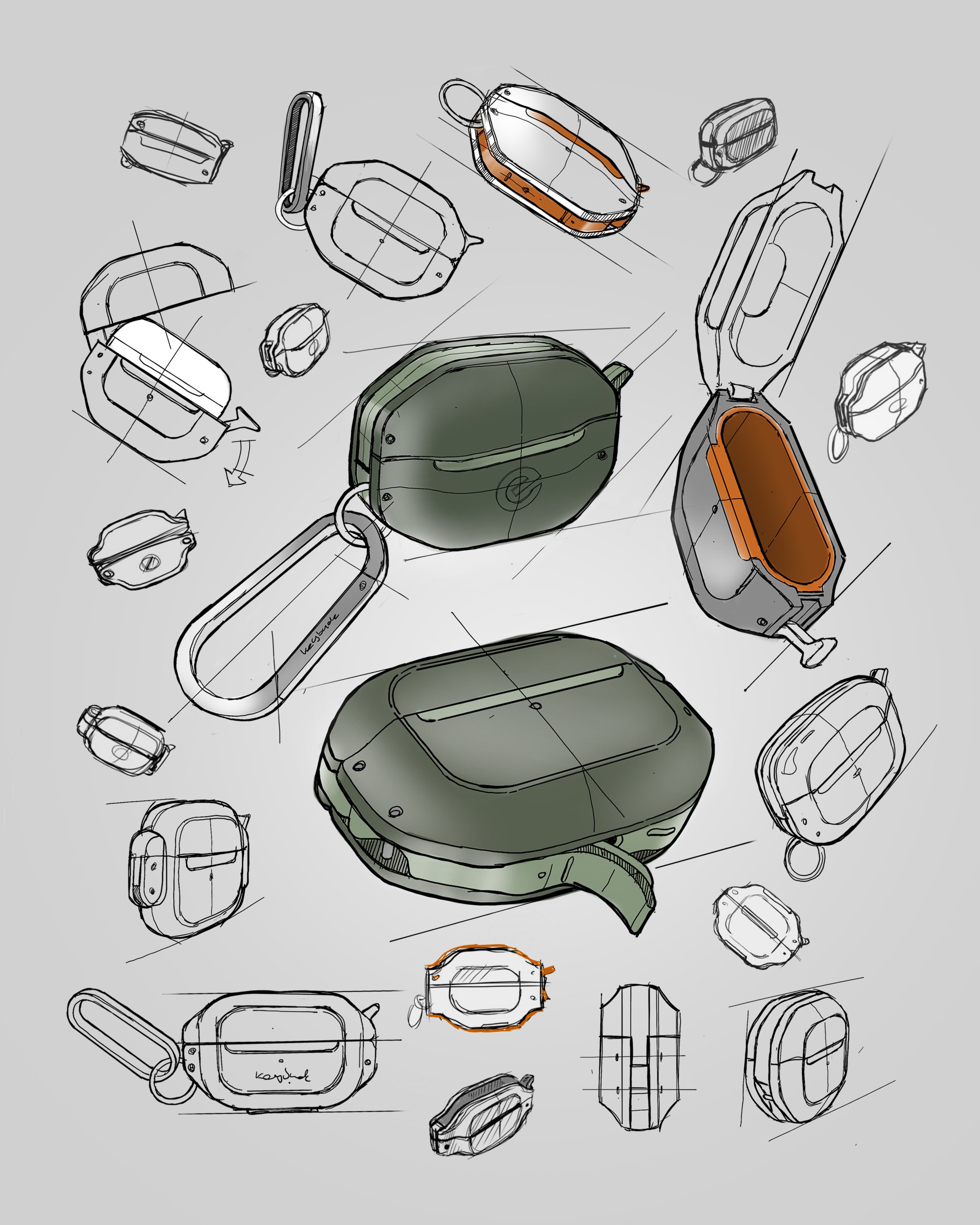 Early-stage concept sketches for a waterproof Apple AirPods case – industrial design