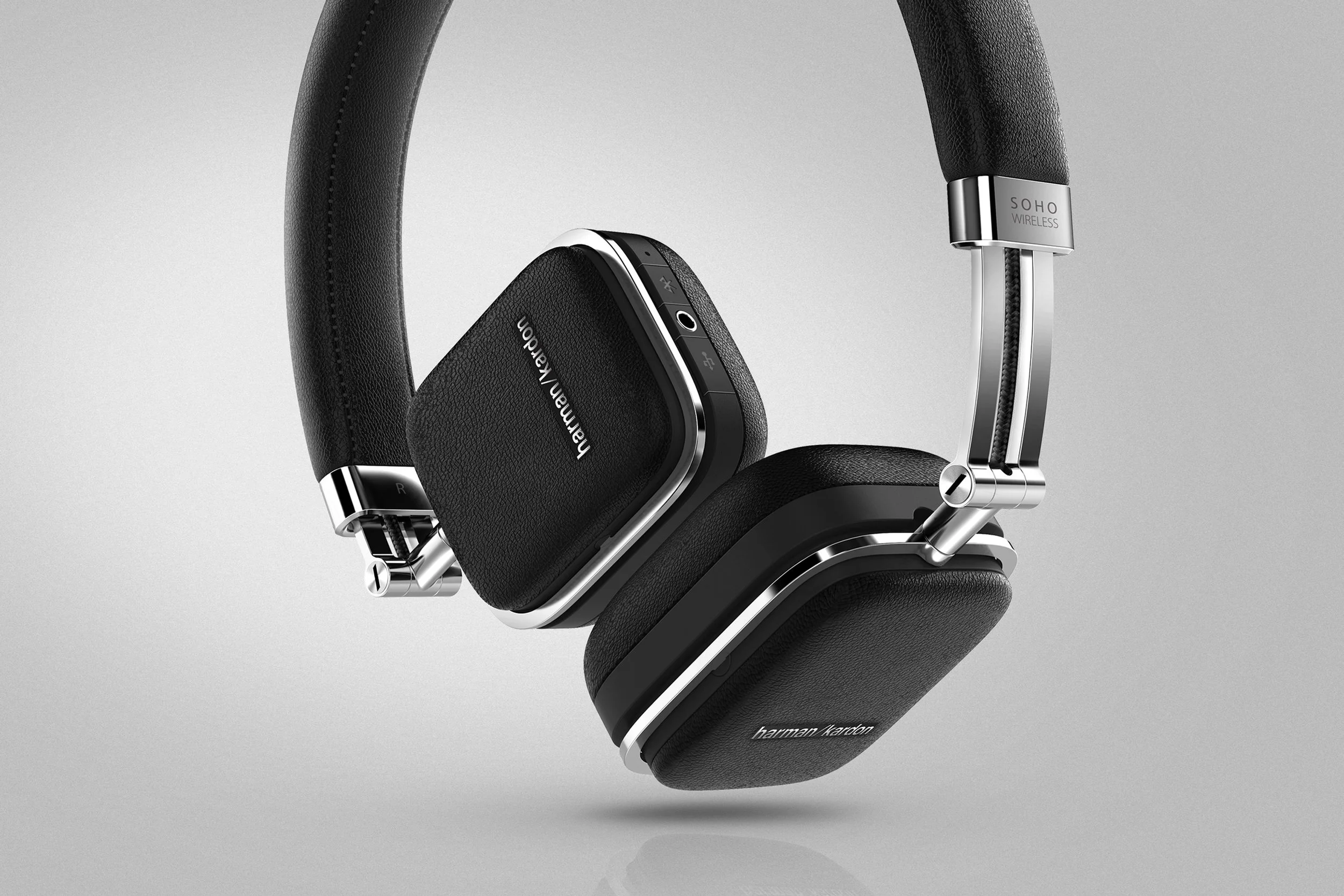 Industrial design rendering of black Harman Kardon Soho Wireless headphones